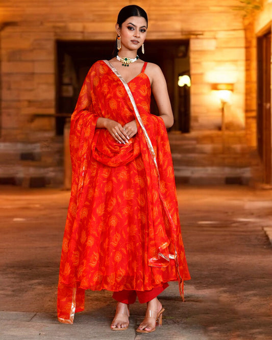 Red Chiffon Utsav Printed Jaipuri Anarkali
