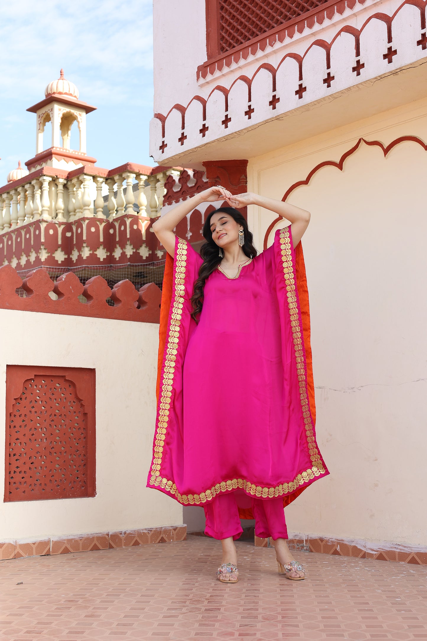 Hot Pink Satin Silk Gota Kaftan Set