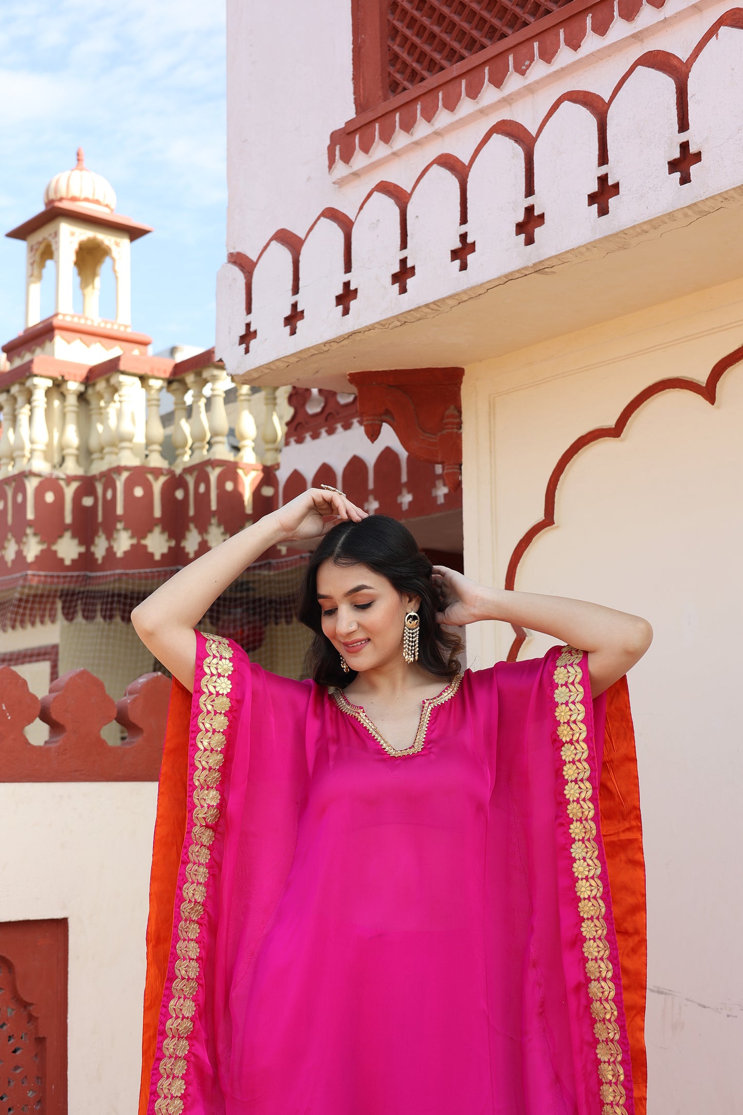 Hot Pink Satin Silk Gota Kaftan Set