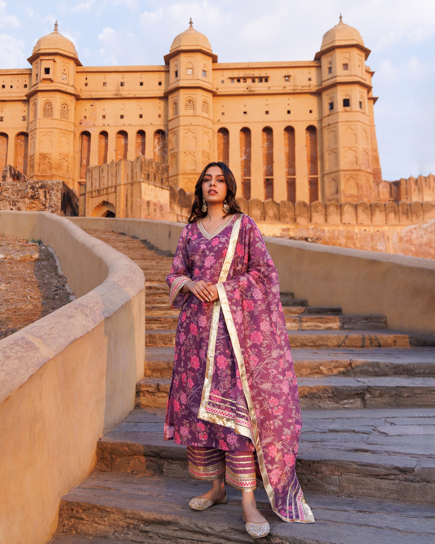 Purple Gota & Sequins Work Chanderi Kurta & Dupatta Set