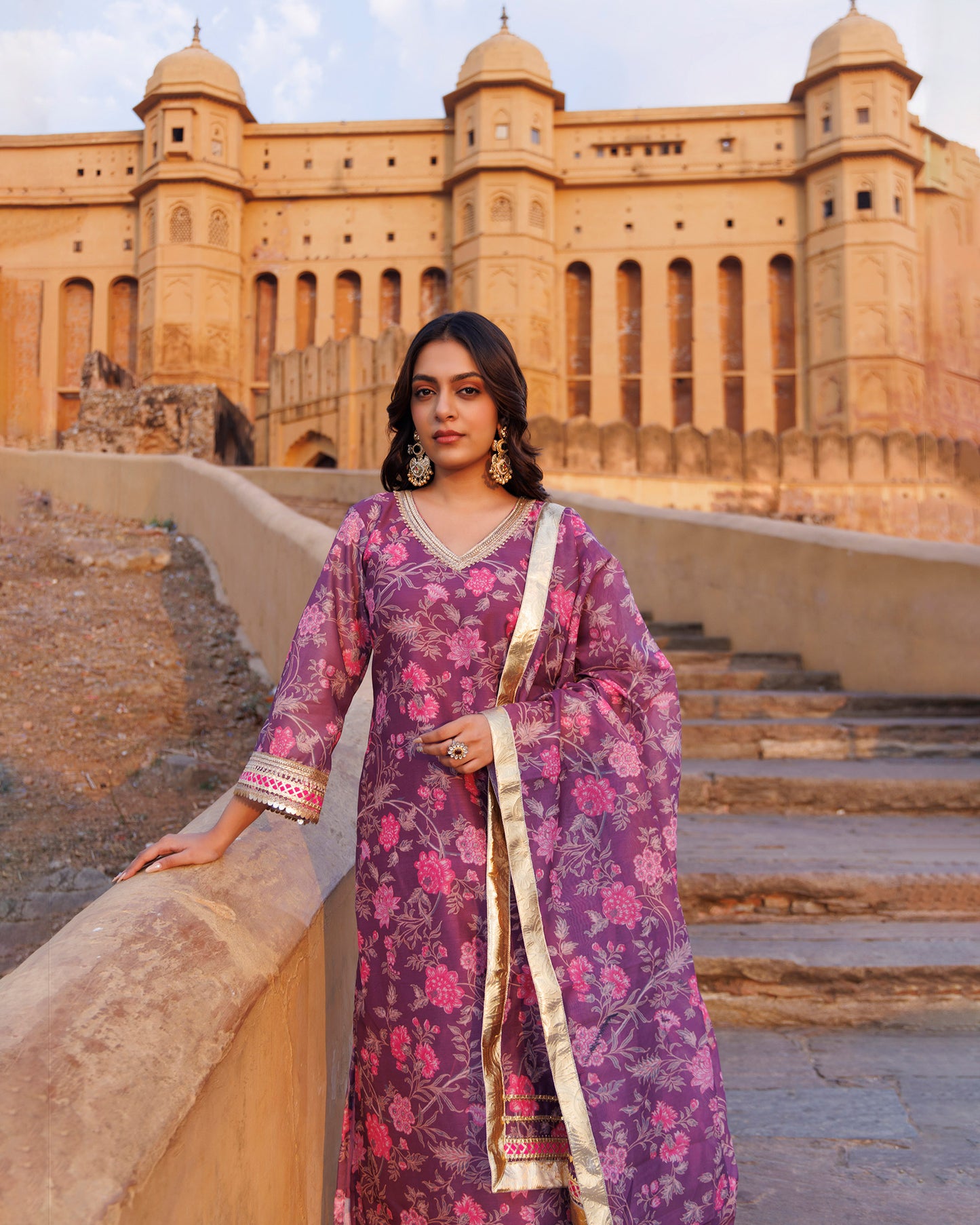 Purple Gota & Sequins Work Chanderi Kurta & Dupatta Set