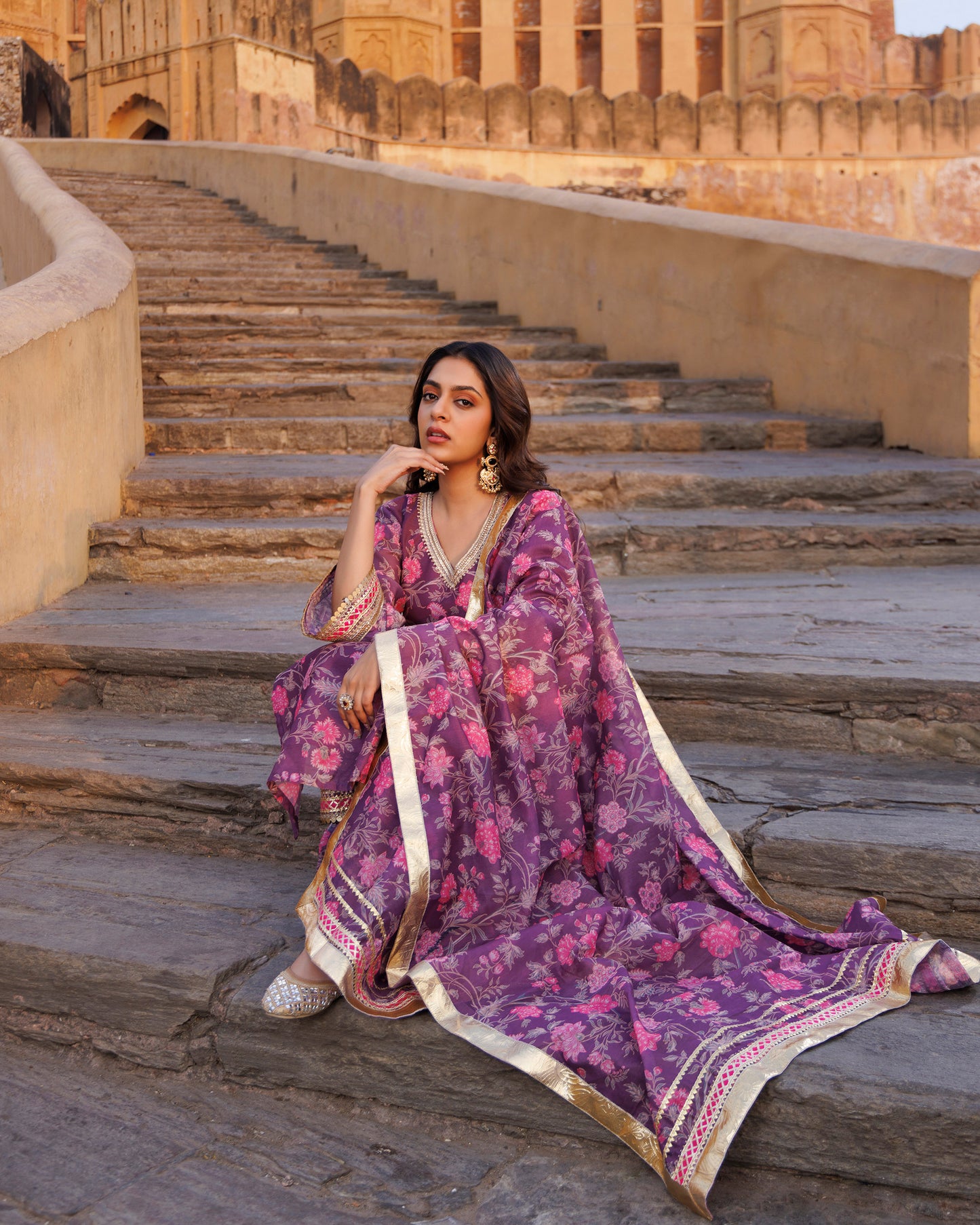 Purple Gota & Sequins Work Chanderi Kurta & Dupatta Set