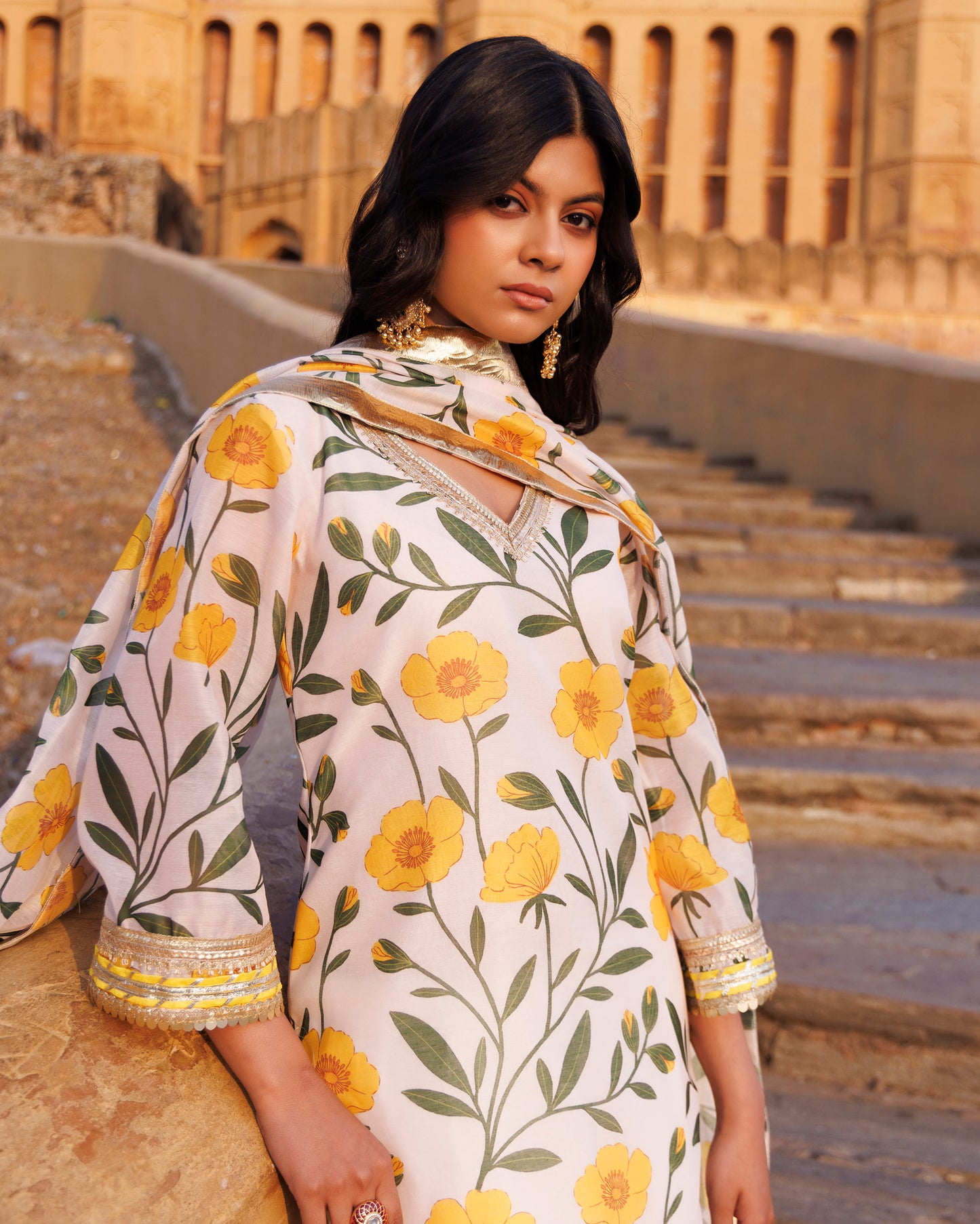 Off White Gota & Sequins Work Chanderi Kurta  & Dupatta Set