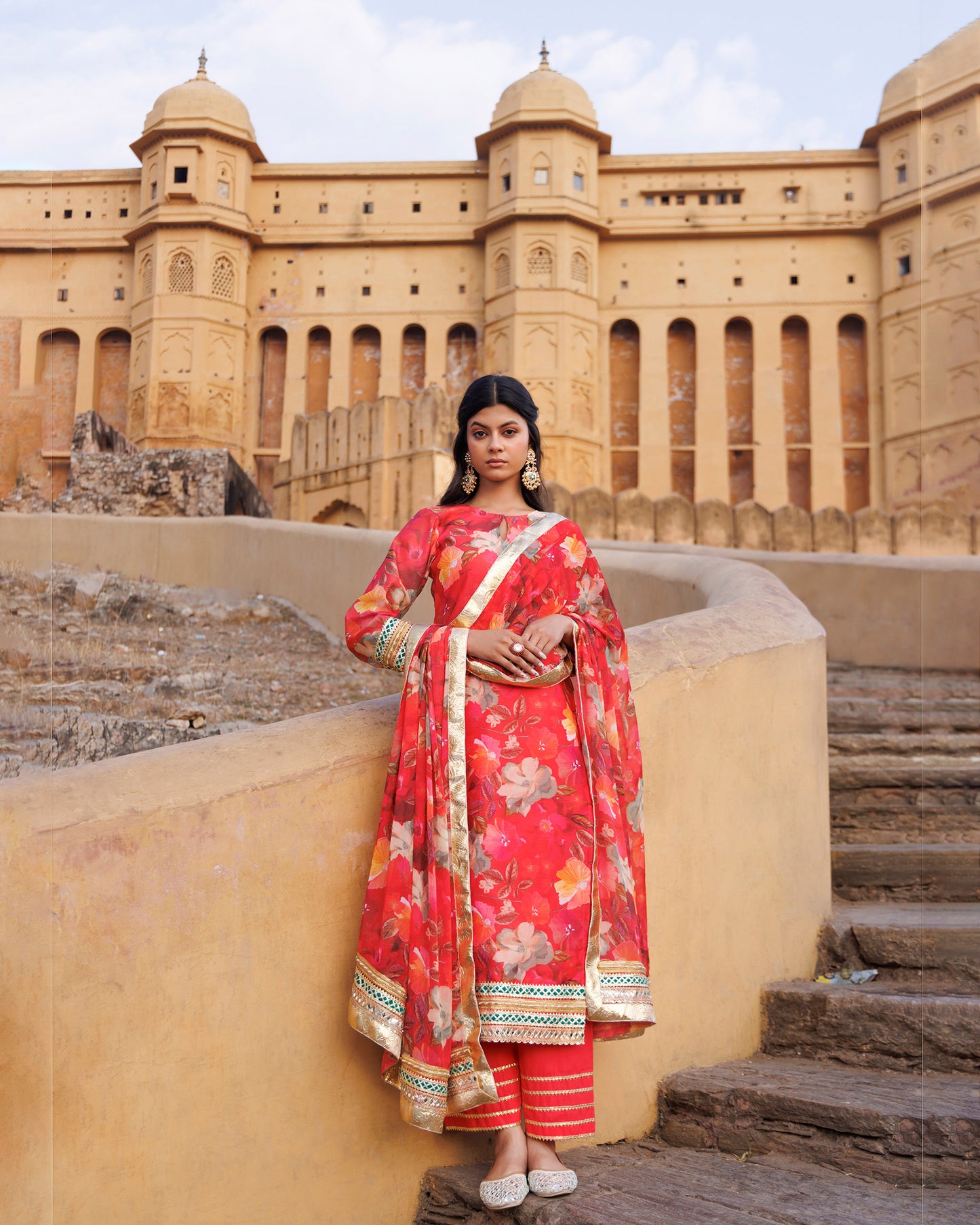 Coral Gota & Sequins Work Chanderi Kurta  & Dupatta  Set