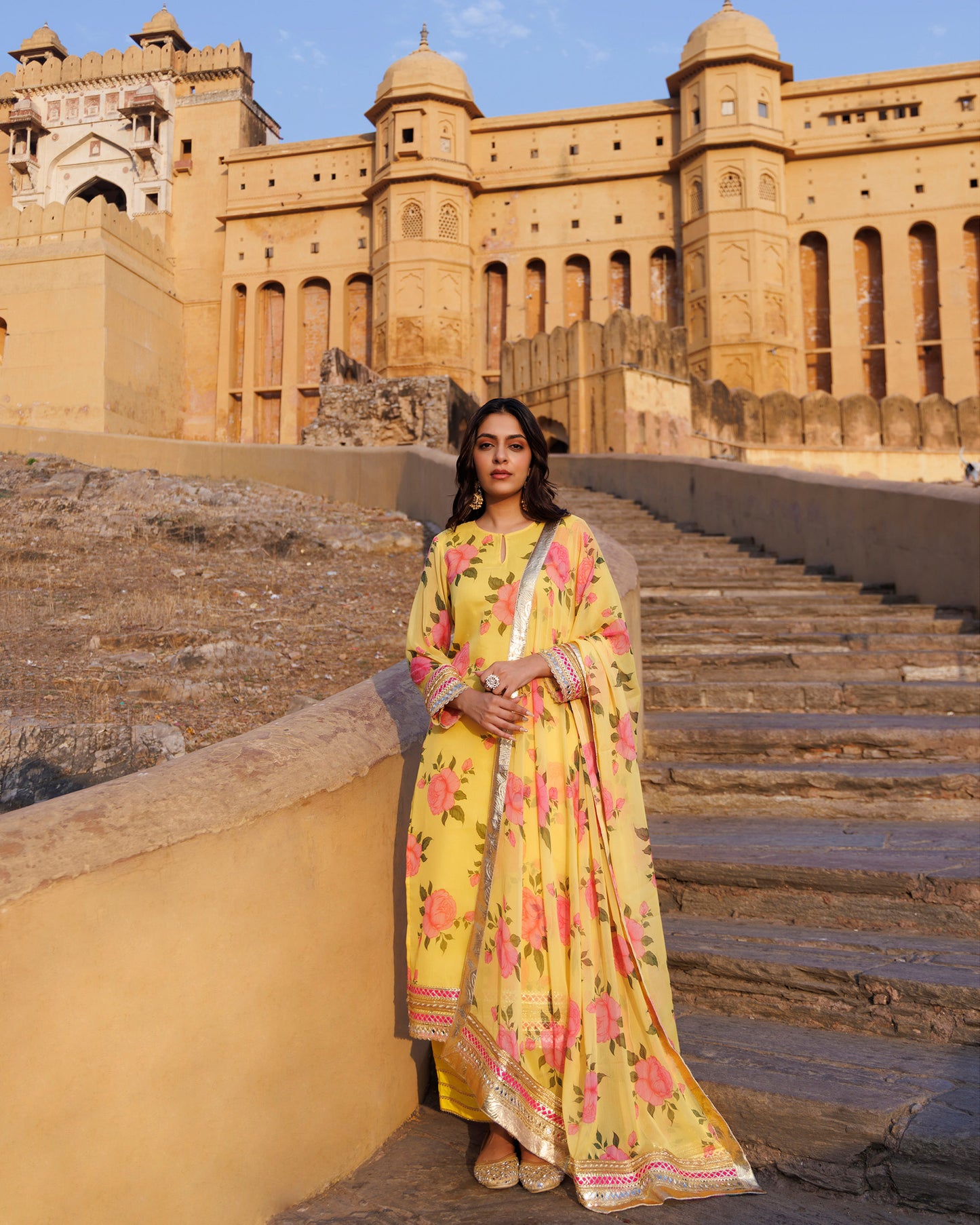 Yellow Gota & Sequins Work Chiffon Kurta  & Dupatta Set