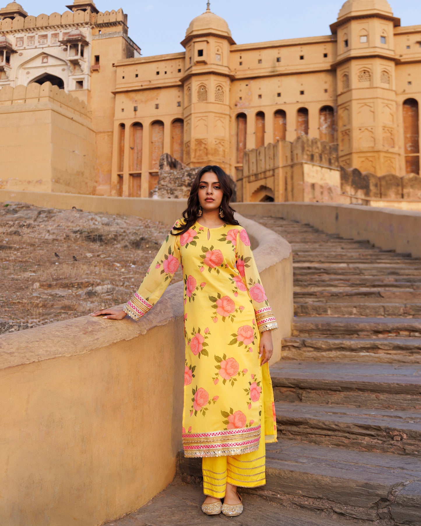 Yellow Gota & Sequins Work Chiffon Kurta  & Dupatta Set