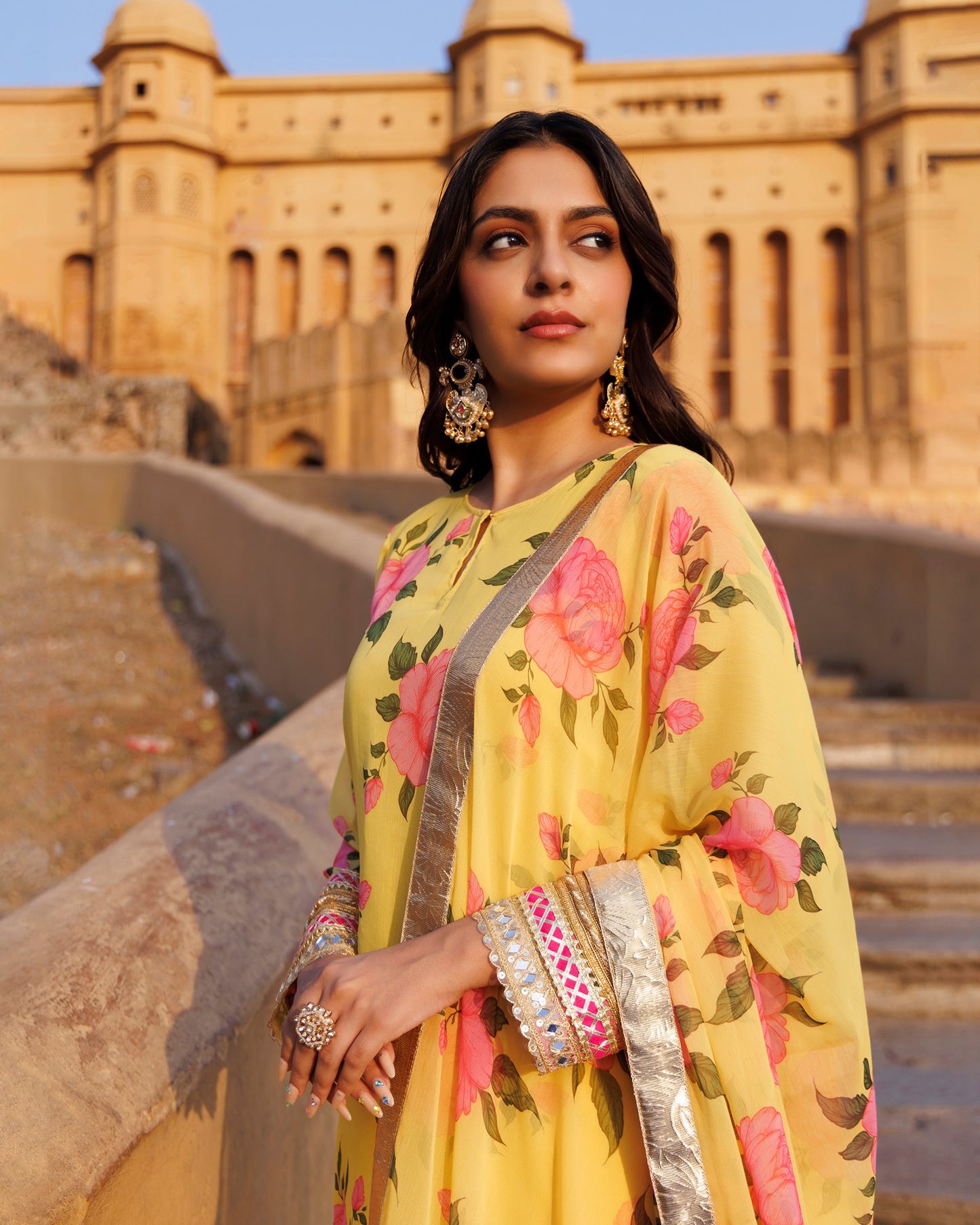 Yellow Gota & Sequins Work Chiffon Kurta  & Dupatta Set