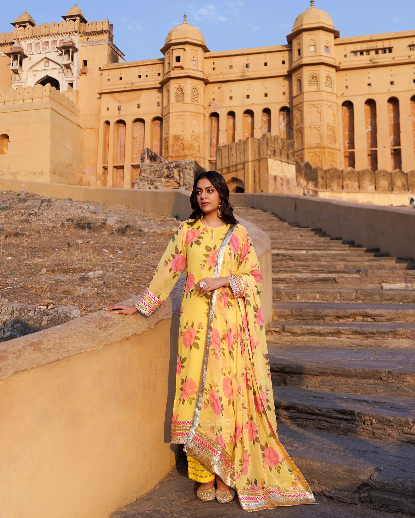 Yellow Gota & Sequins Work Chiffon Kurta  & Dupatta Set