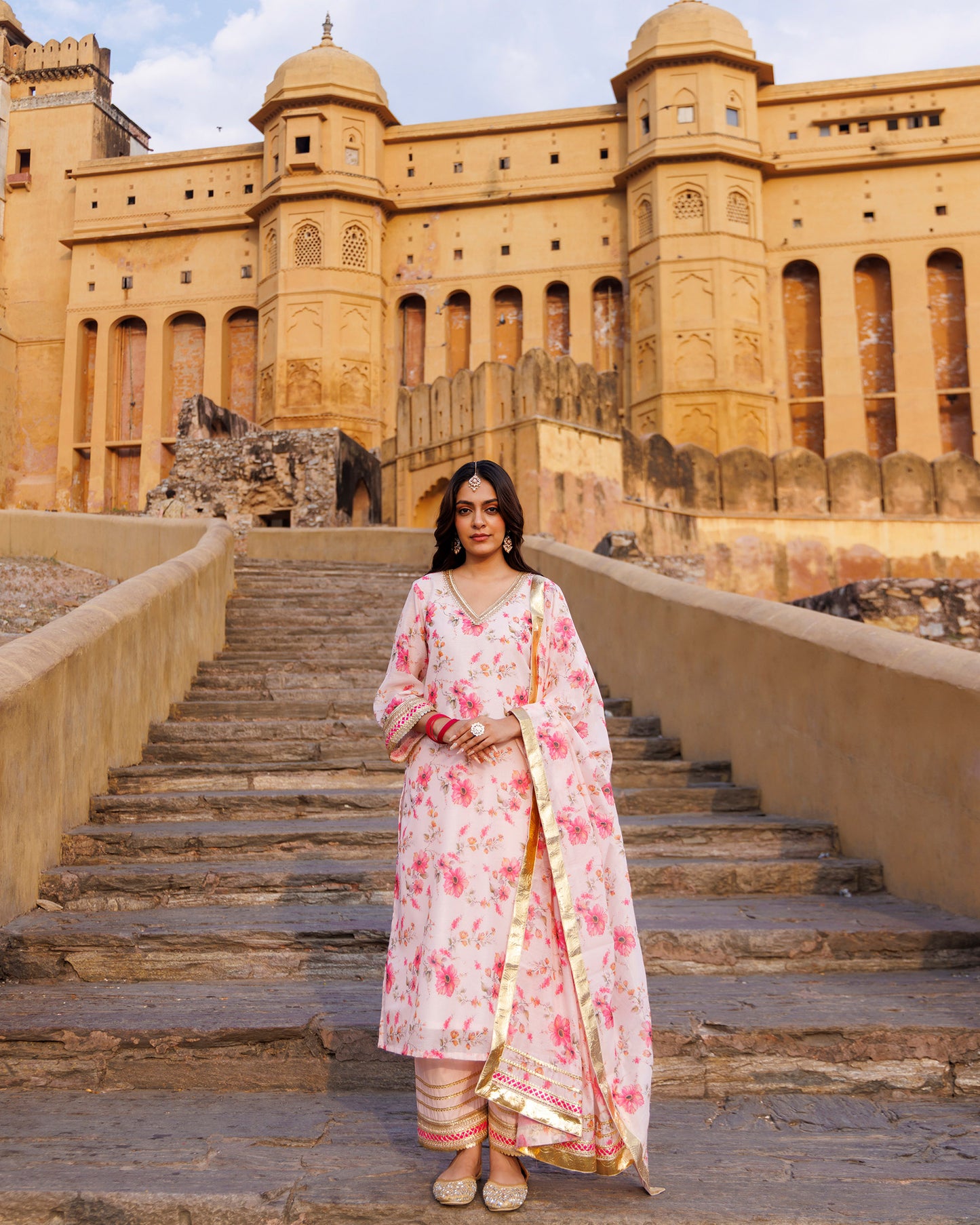 Pink Gota & Sequins Work Chanderi Kurta  & Dupatta Set