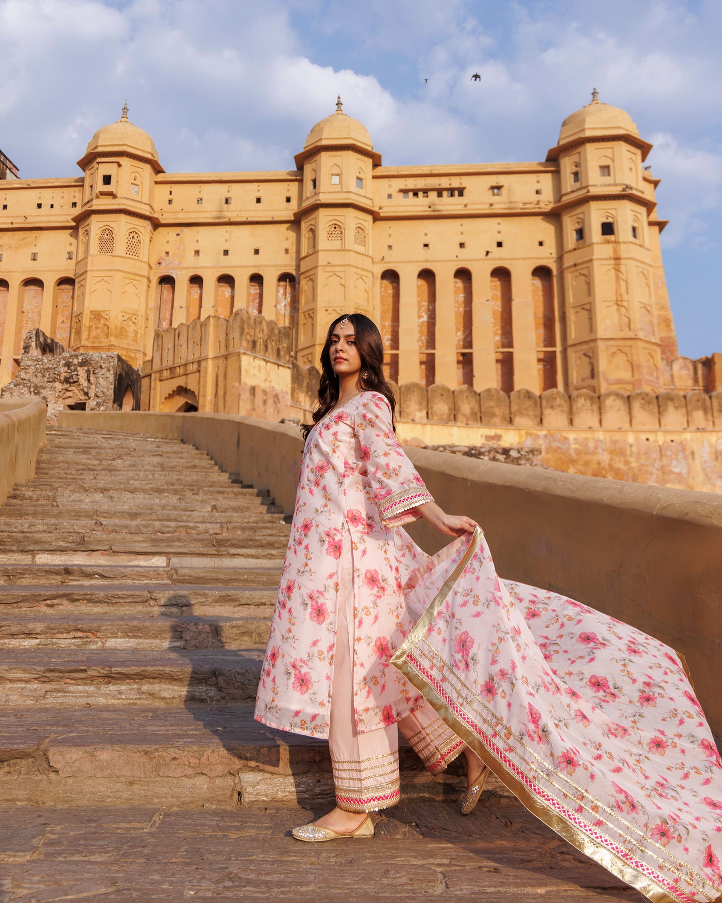 Pink Gota & Sequins Work Chanderi Kurta  & Dupatta Set