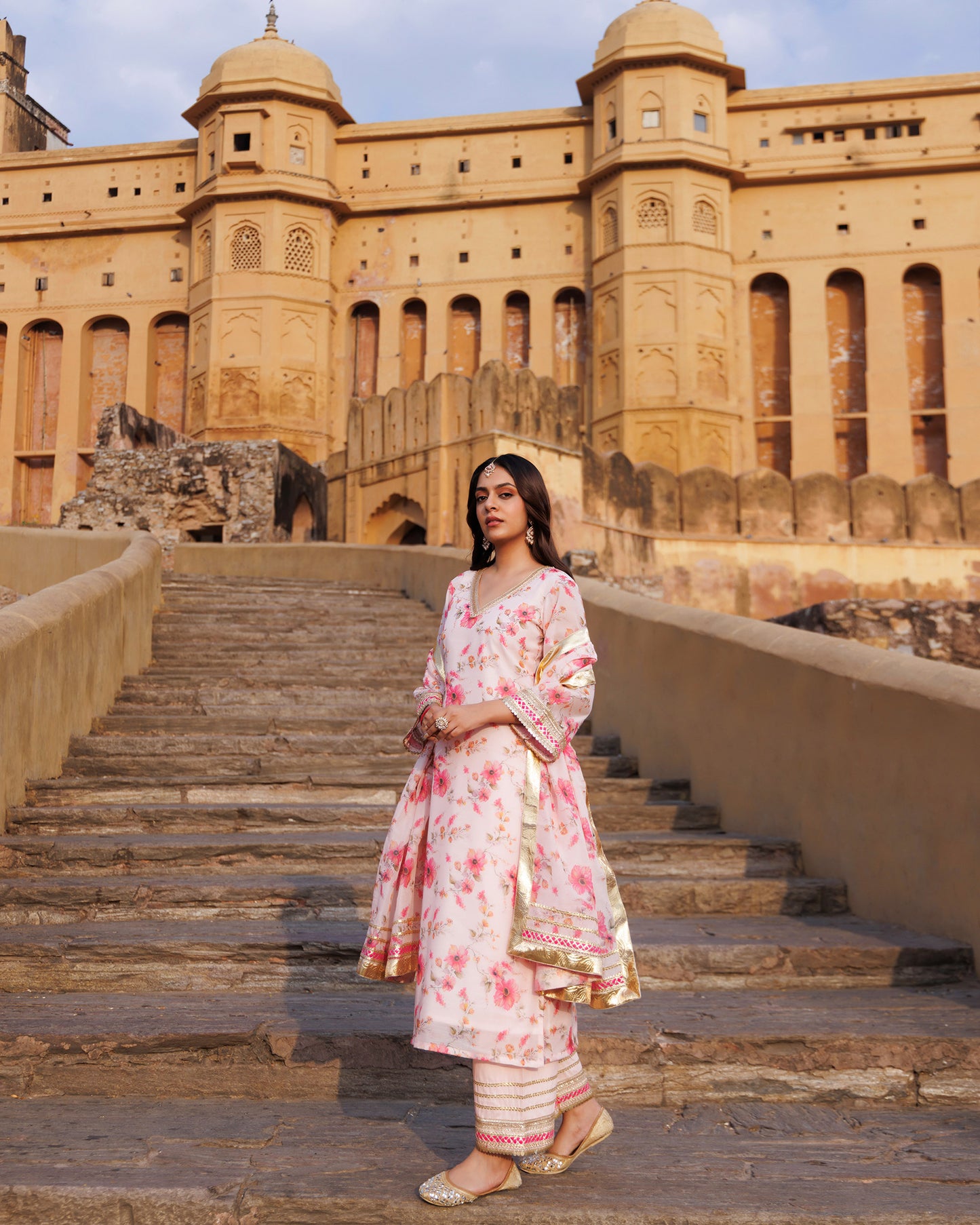 Pink Gota & Sequins Work Chanderi Kurta  & Dupatta Set