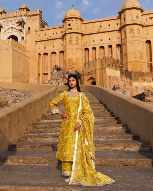 Yellow Gota & Sequins Work Chanderi Kurta  & Dupatta Set