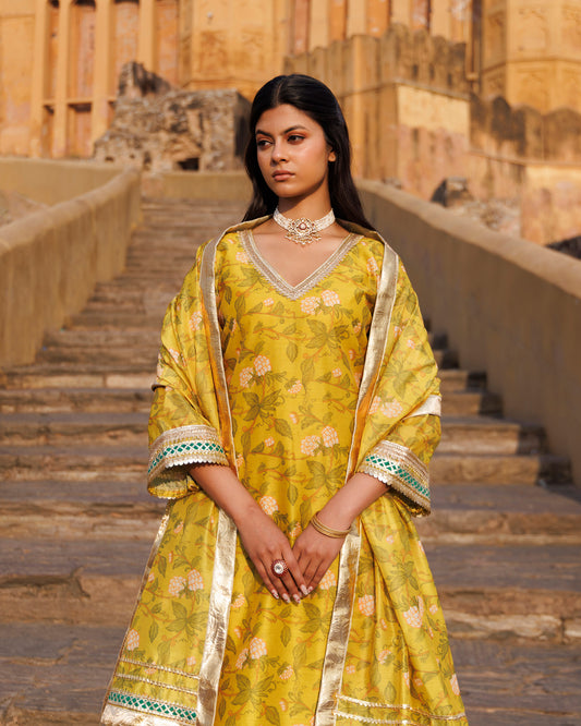 Yellow Gota & Sequins Work Chanderi Kurta  & Dupatta Set