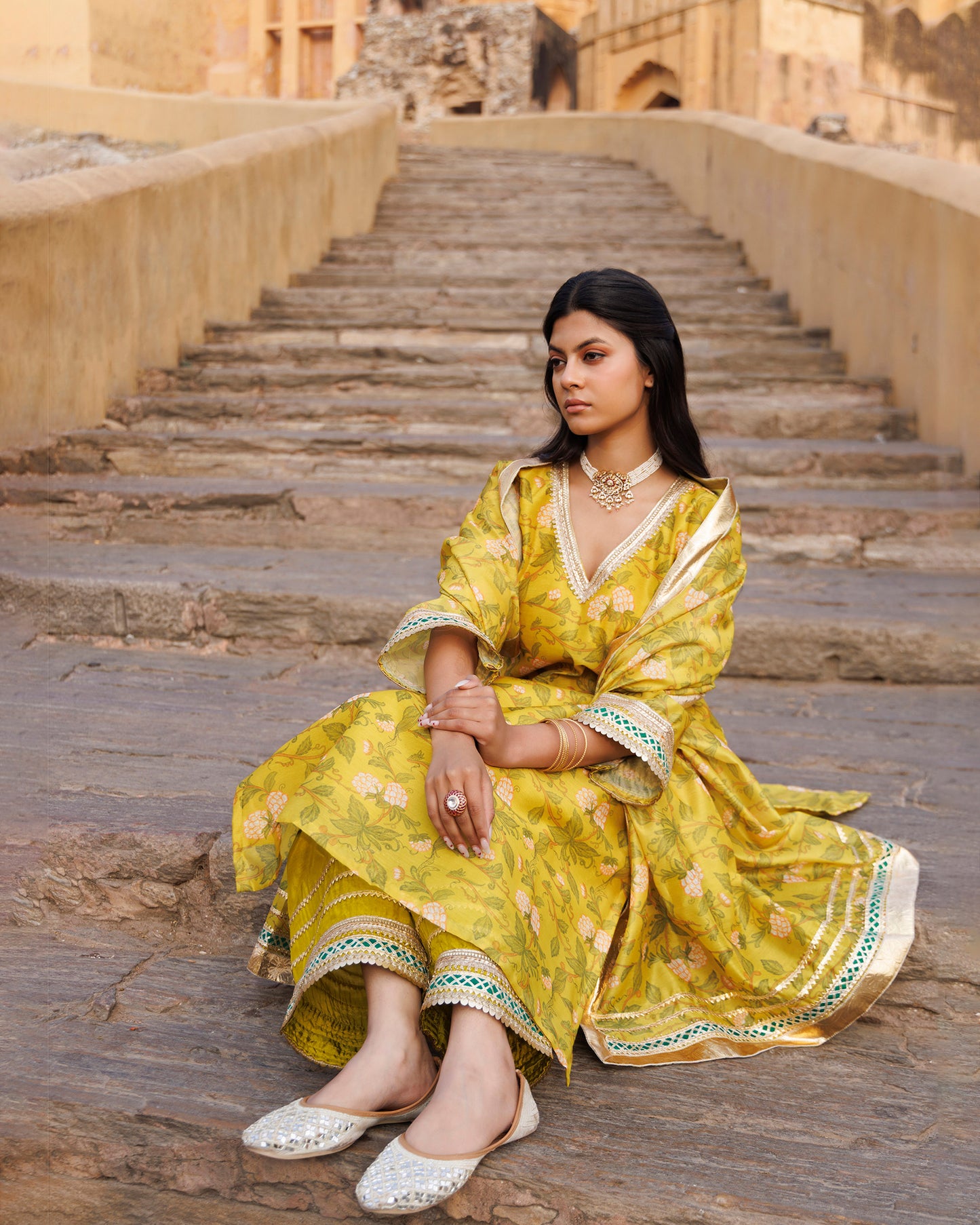 Yellow Gota & Sequins Work Chanderi Kurta  & Dupatta Set
