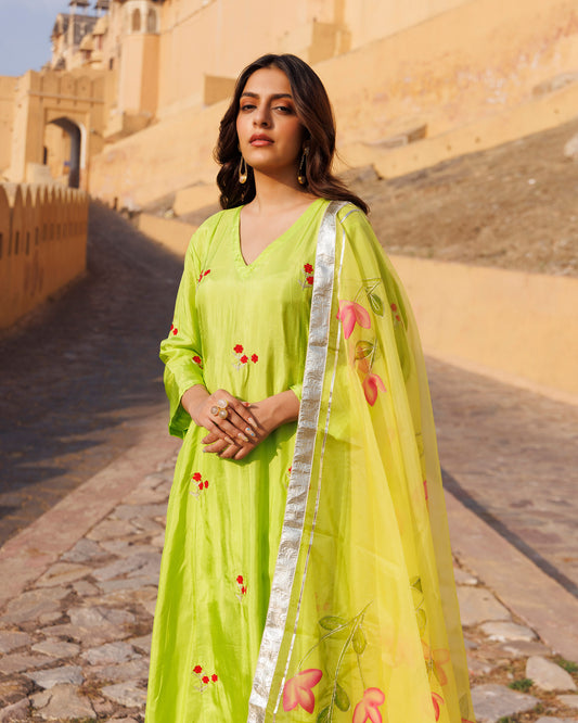 Green Aari Embroidery Uppada Silk Kurta  & Dupatta Set