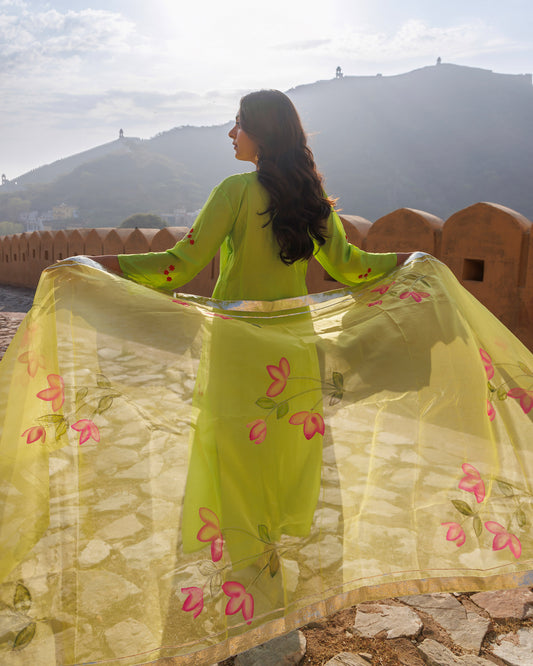 Green Aari Embroidery Uppada Silk Kurta  & Dupatta Set