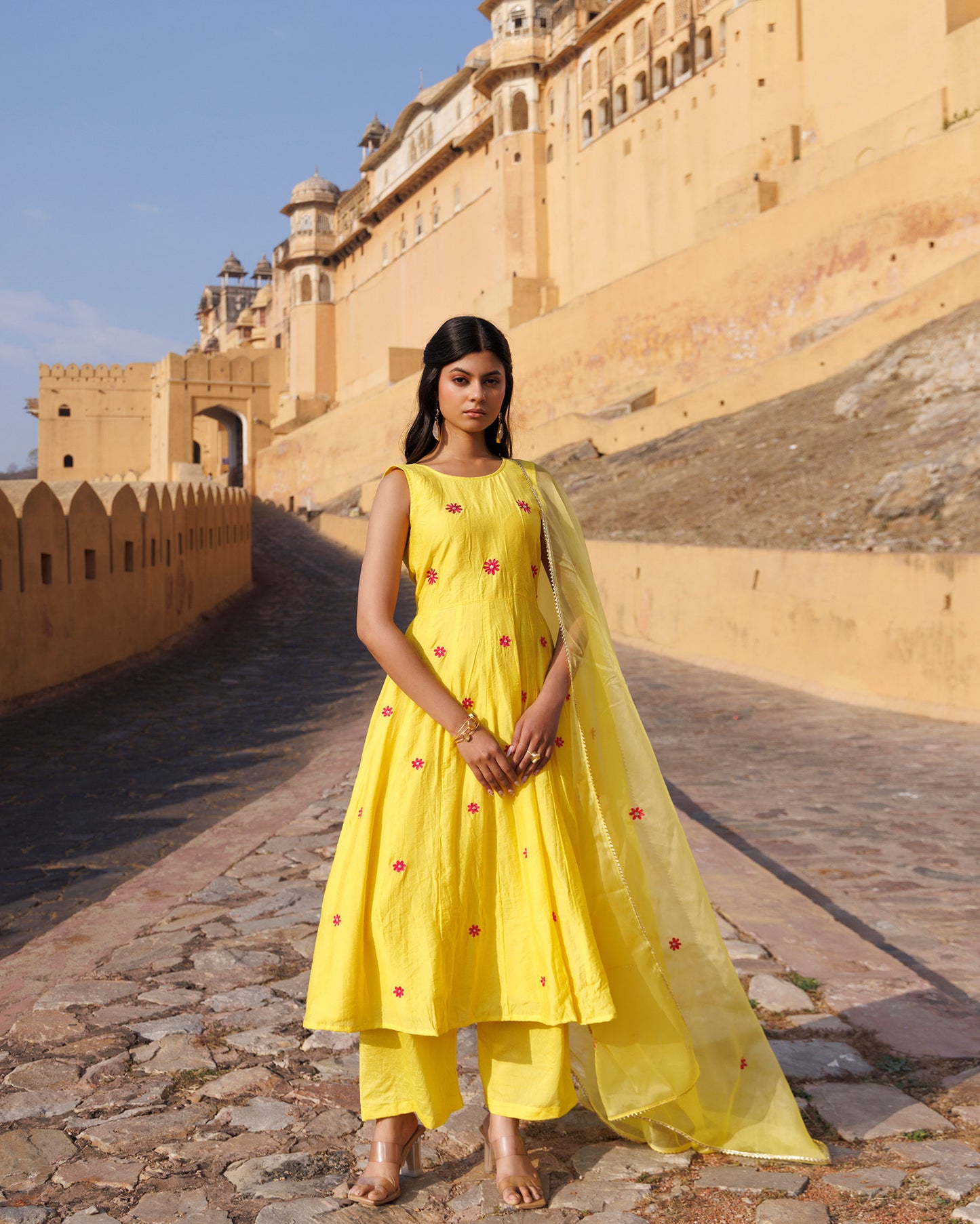Yellow Aari Embroidery Chanderi Kurta  & Dupatta Set