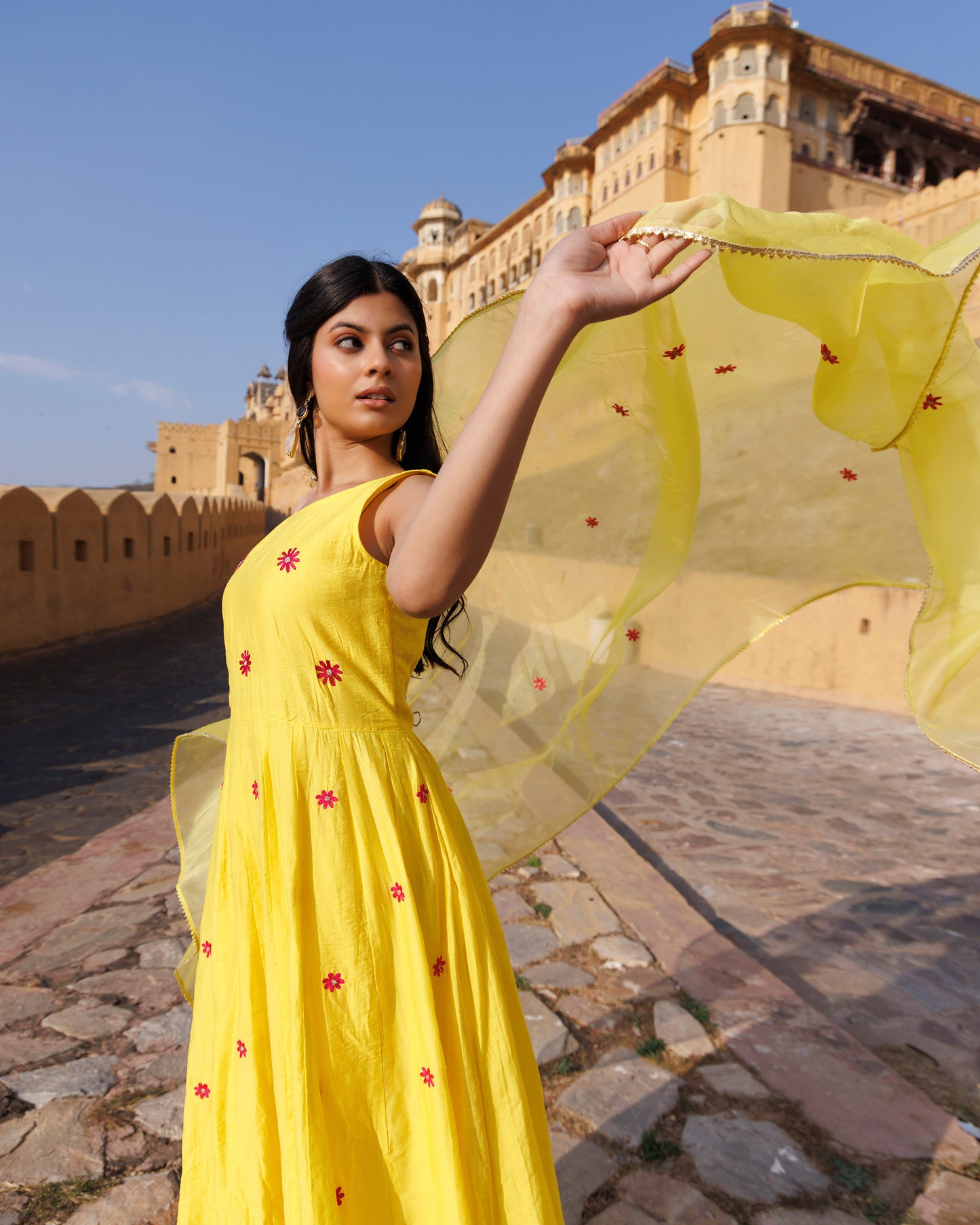 Yellow Aari Embroidery Chanderi Kurta  & Dupatta Set