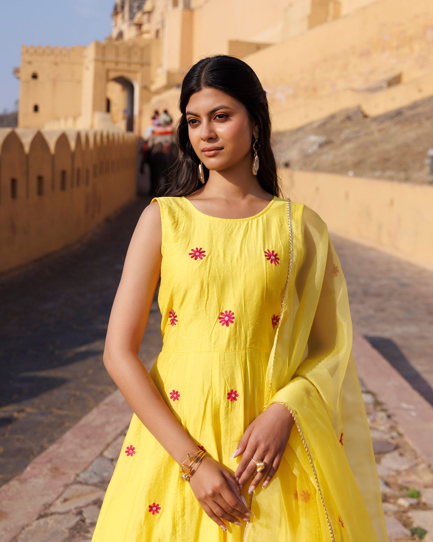 Yellow Aari Embroidery Chanderi Kurta  & Dupatta Set