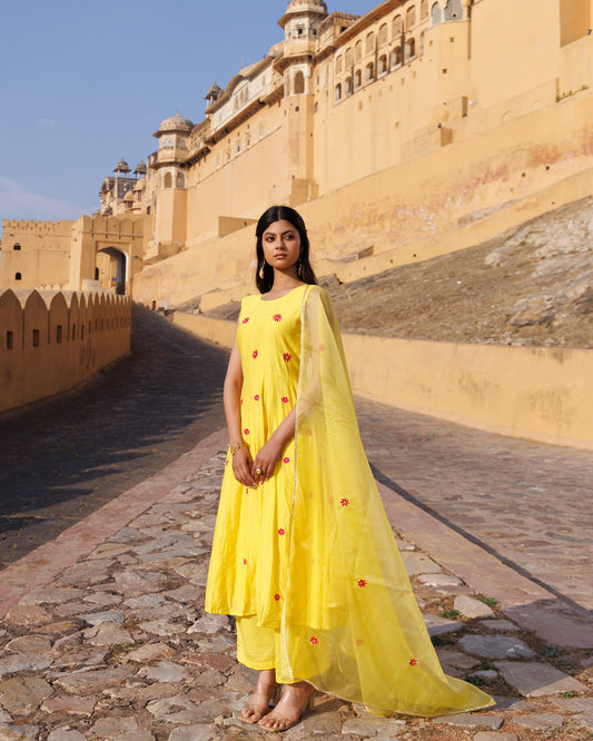 Yellow Aari Embroidery Chanderi Kurta  & Dupatta Set
