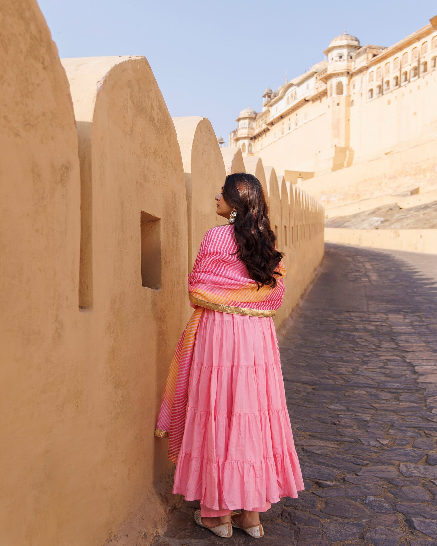 Pink Cotton Thread Embroidery Anarkali  & Dupatta Set