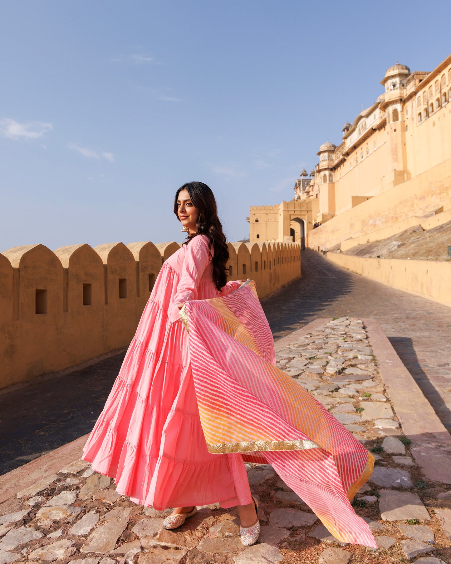 Pink Cotton Thread Embroidery Anarkali  & Dupatta Set