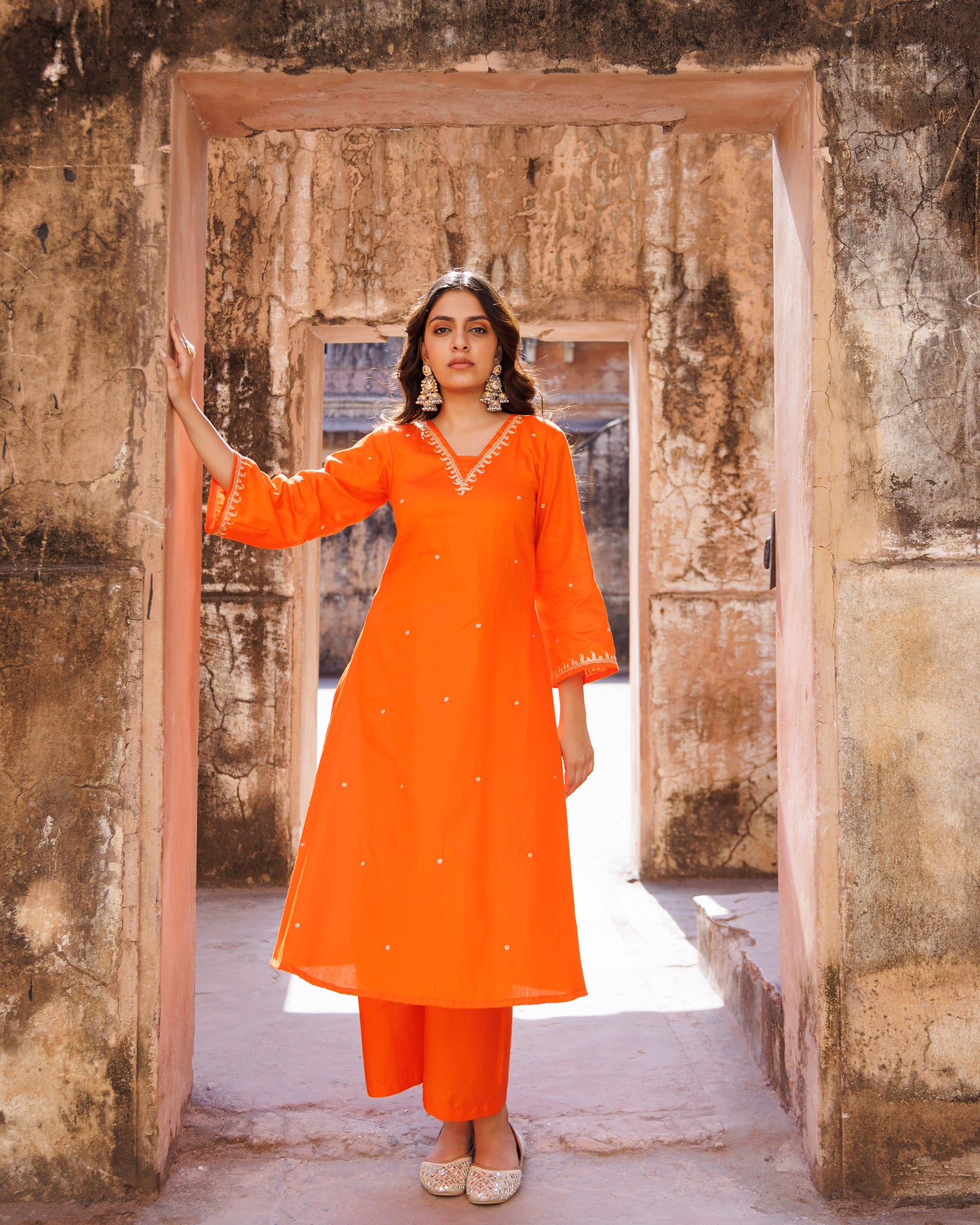 Orange Aari Embroidery Cotton Silk Kurta  & Dupatta Set