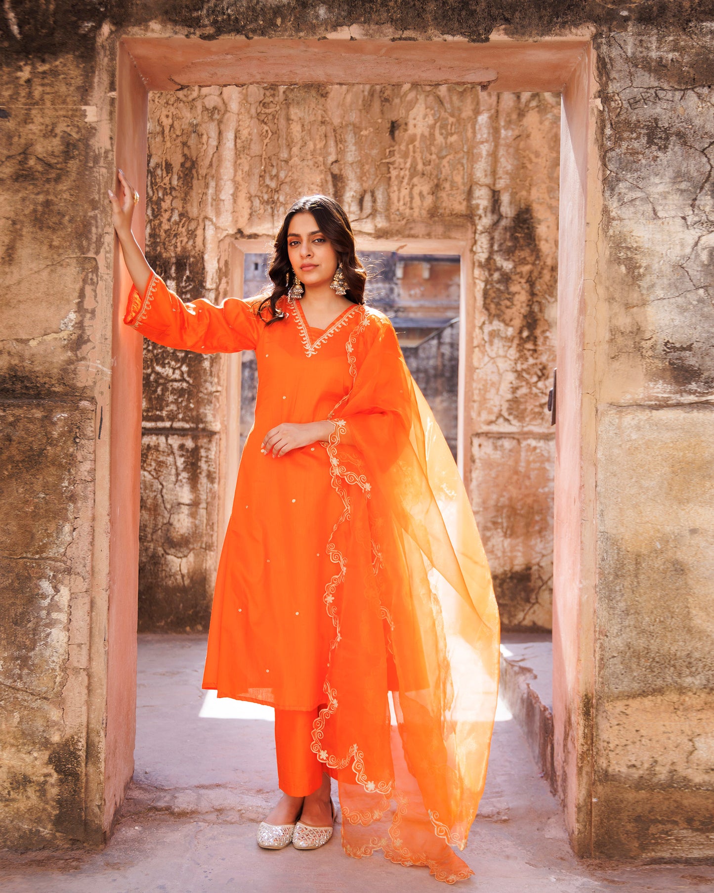 Orange Aari Embroidery Cotton Silk Kurta  & Dupatta Set