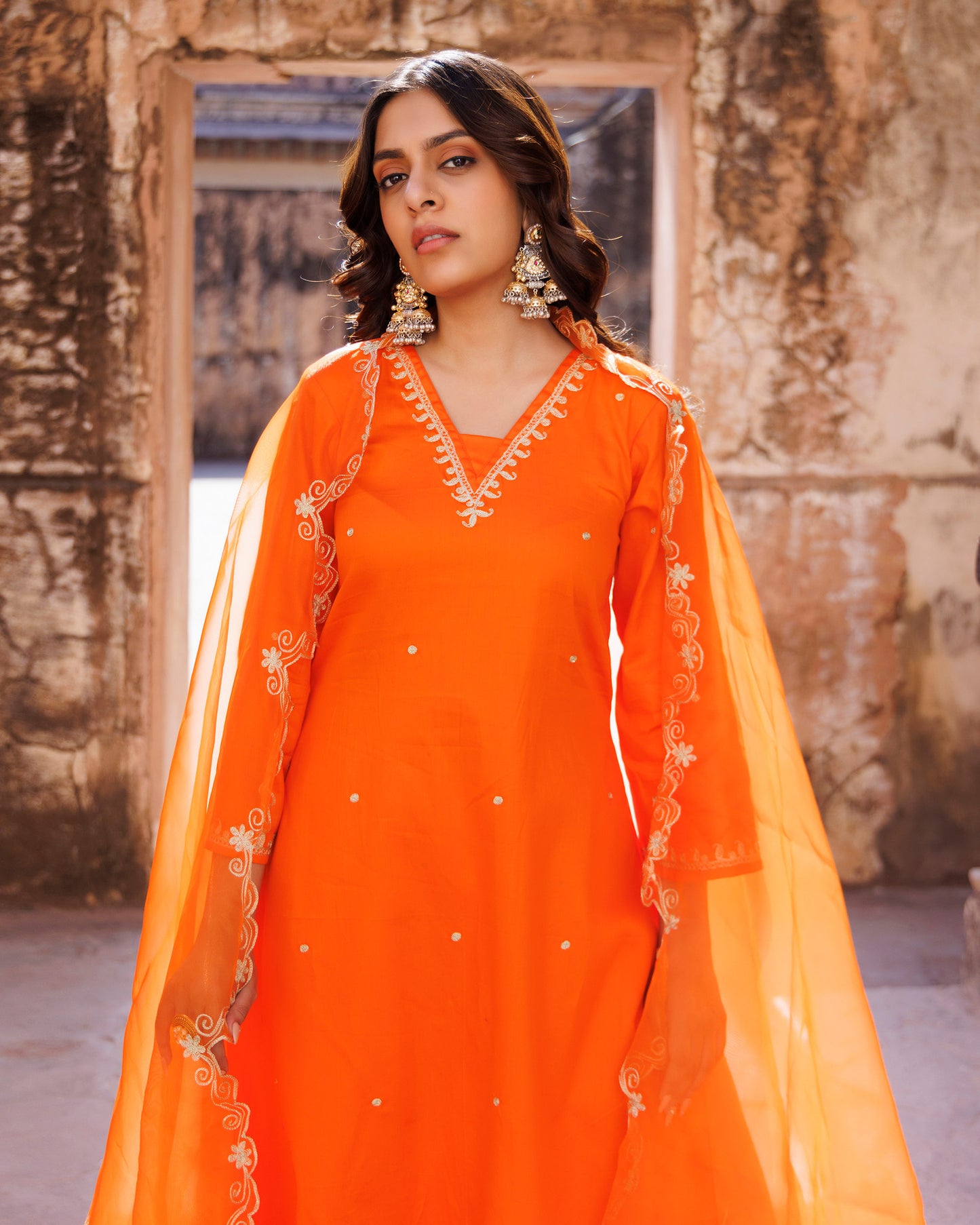 Orange Aari Embroidery Cotton Silk Kurta  & Dupatta Set