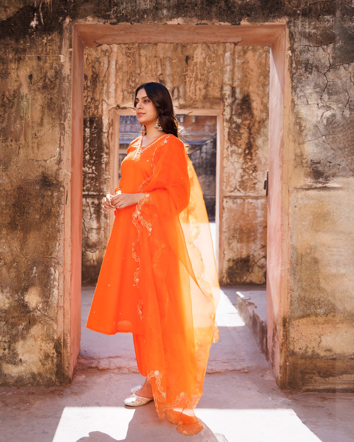 Orange Aari Embroidery Cotton Silk Kurta  & Dupatta Set