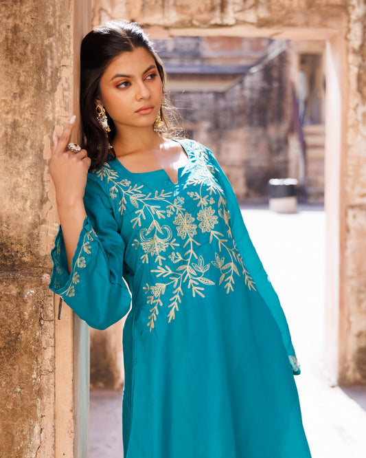 Rama Green Aari Embroidery Uppada Silk Kurta  & Organza Dupatta Set