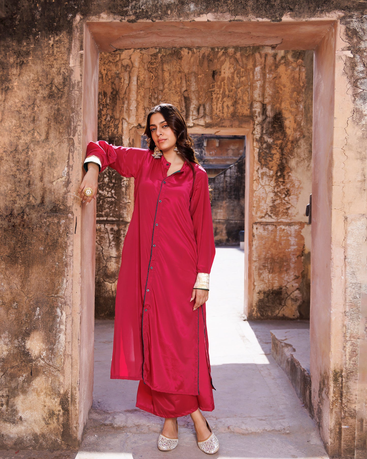 Wine Crepe Oversized Shirt & Loose Fit Co-ord Set