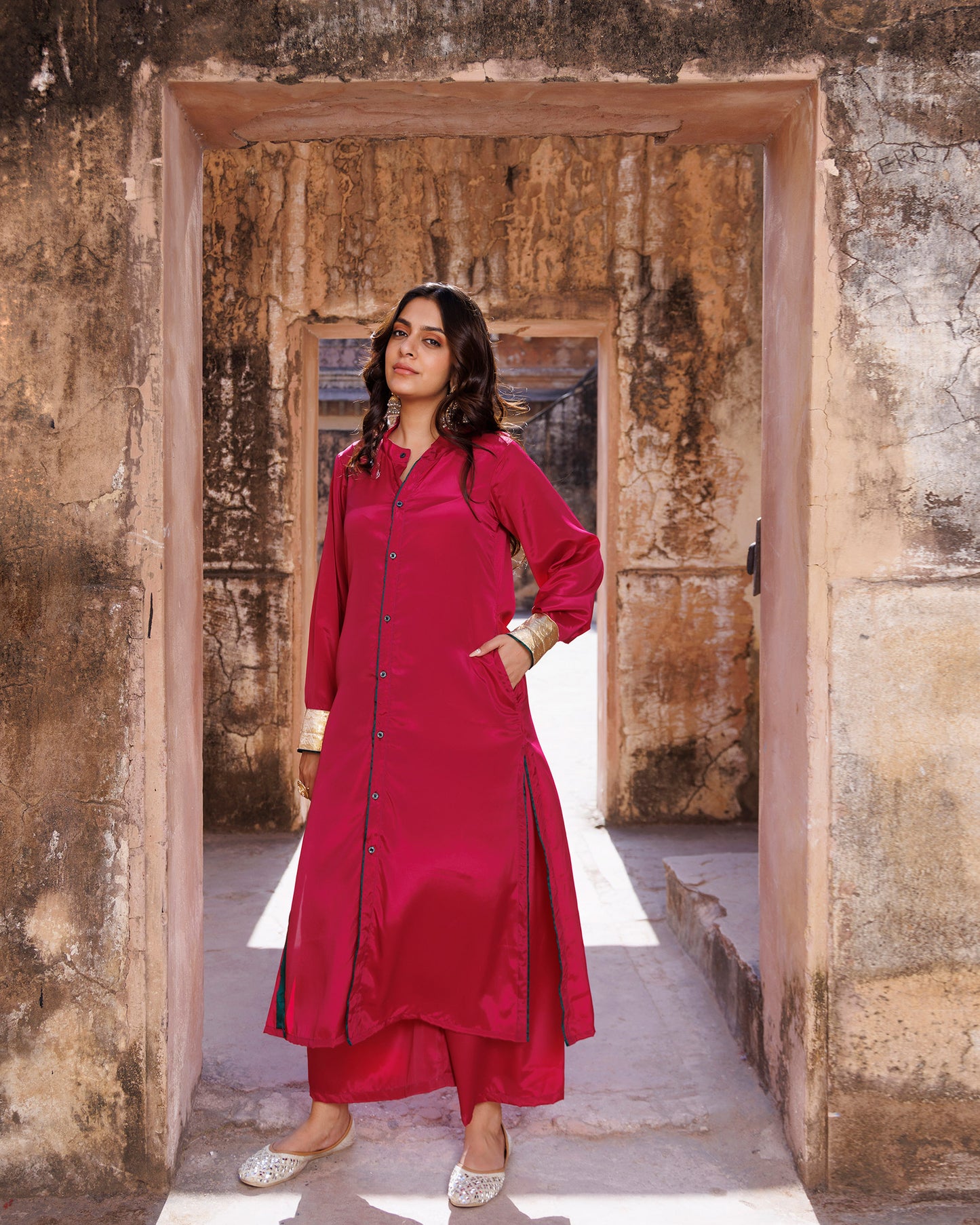 Wine Crepe Oversized Shirt & Loose Fit Co-ord Set