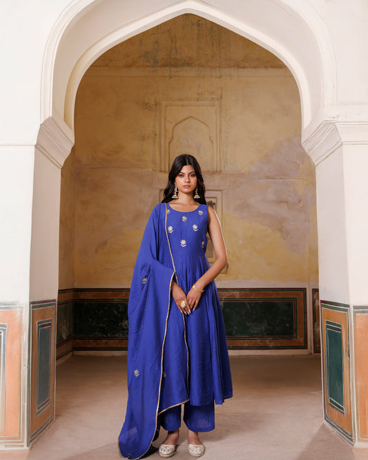 Blue Aari Embroidery Chanderi Kurta & Dupatta Set