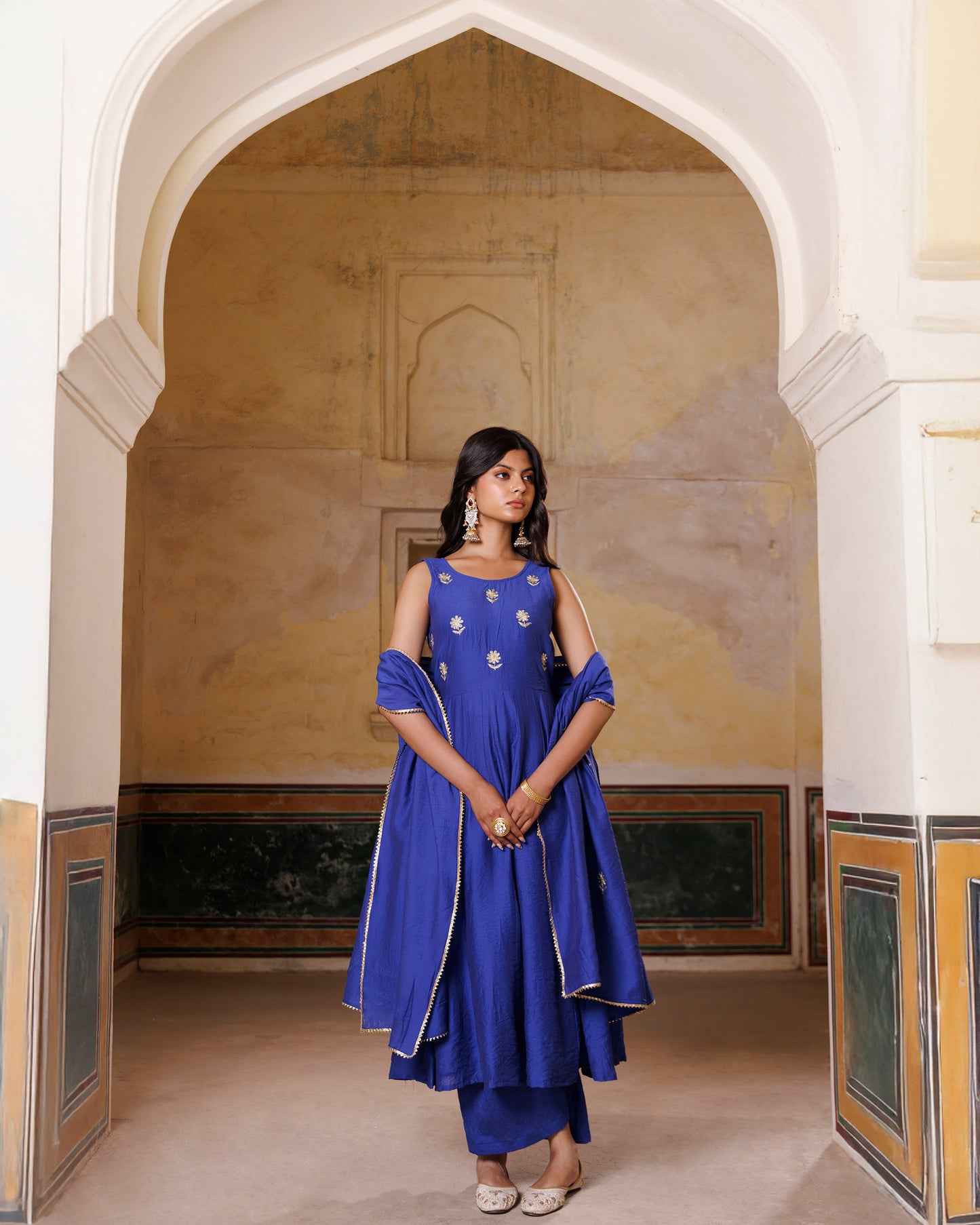 Blue Aari Embroidery Chanderi Kurta & Dupatta Set