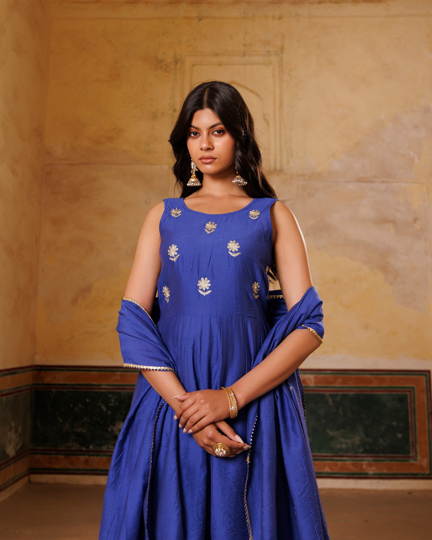 Blue Aari Embroidery Chanderi Kurta & Dupatta Set
