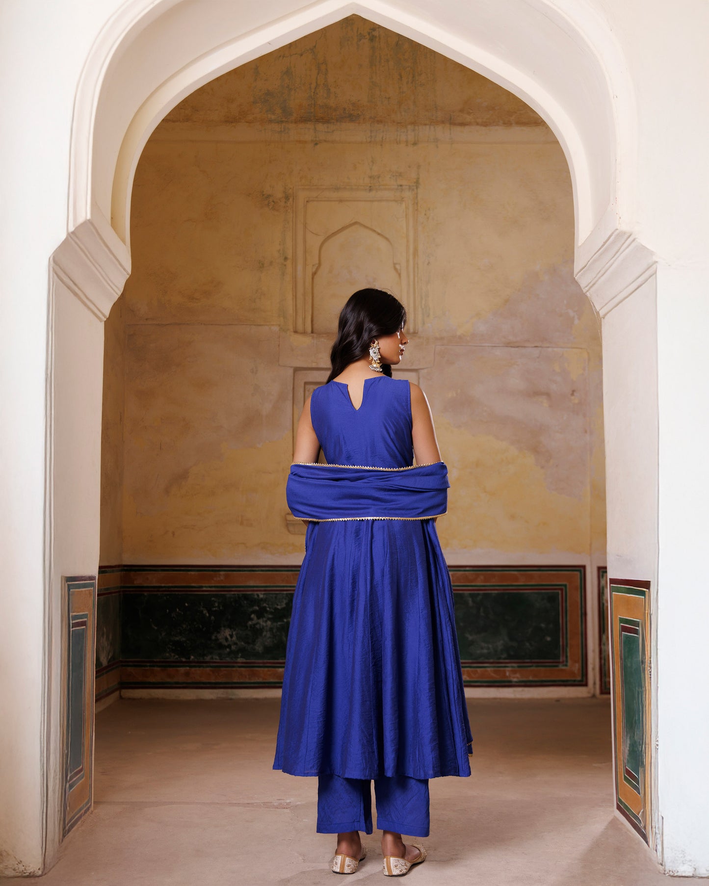 Blue Aari Embroidery Chanderi Kurta & Dupatta Set