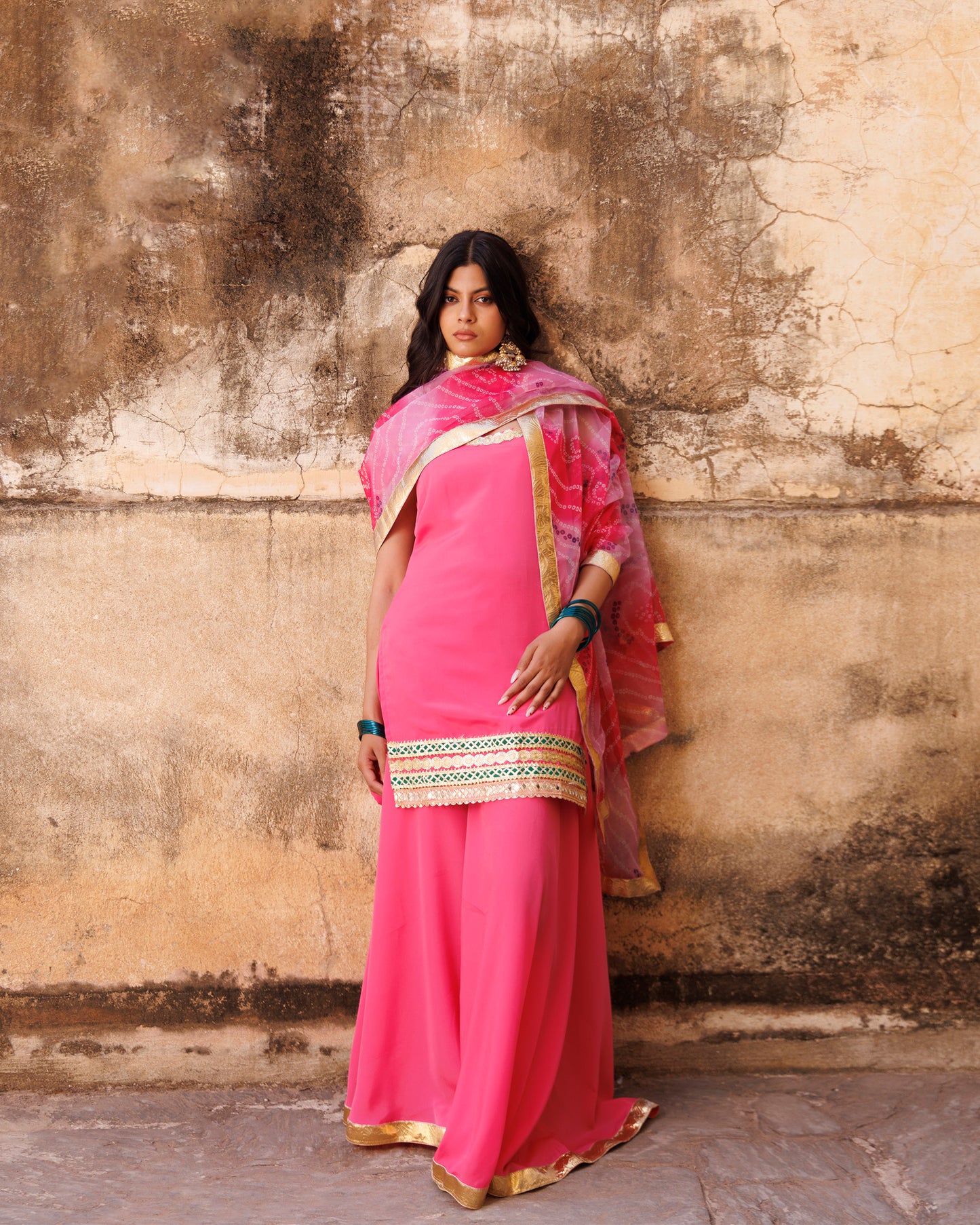 Pink Crepe Strappy Sharara & Bandhani Organza Dupatta