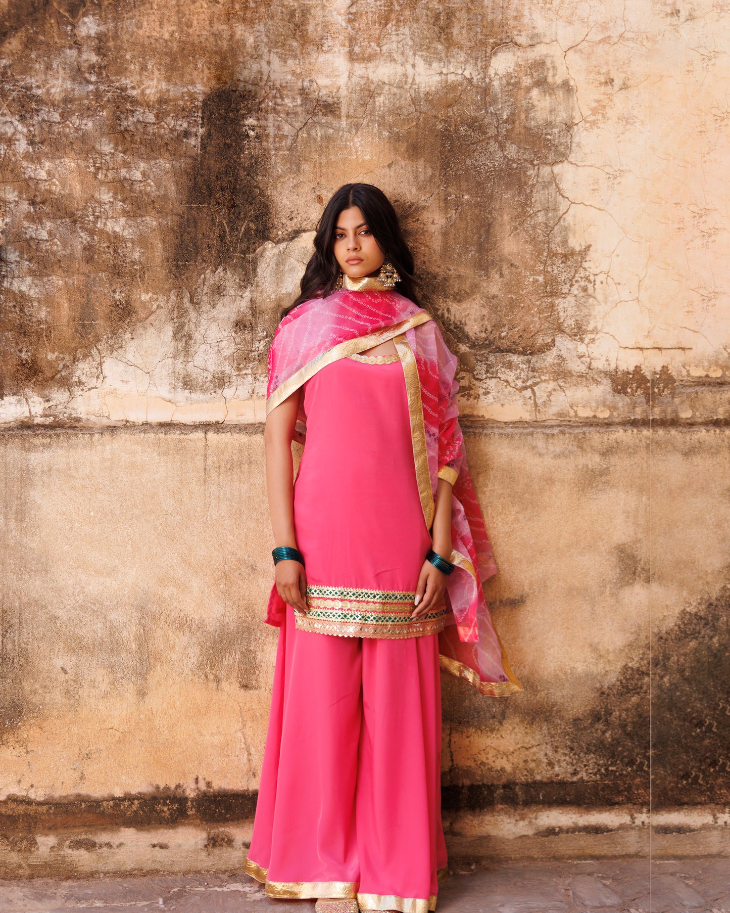 Pink Crepe Strappy Sharara & Bandhani Organza Dupatta