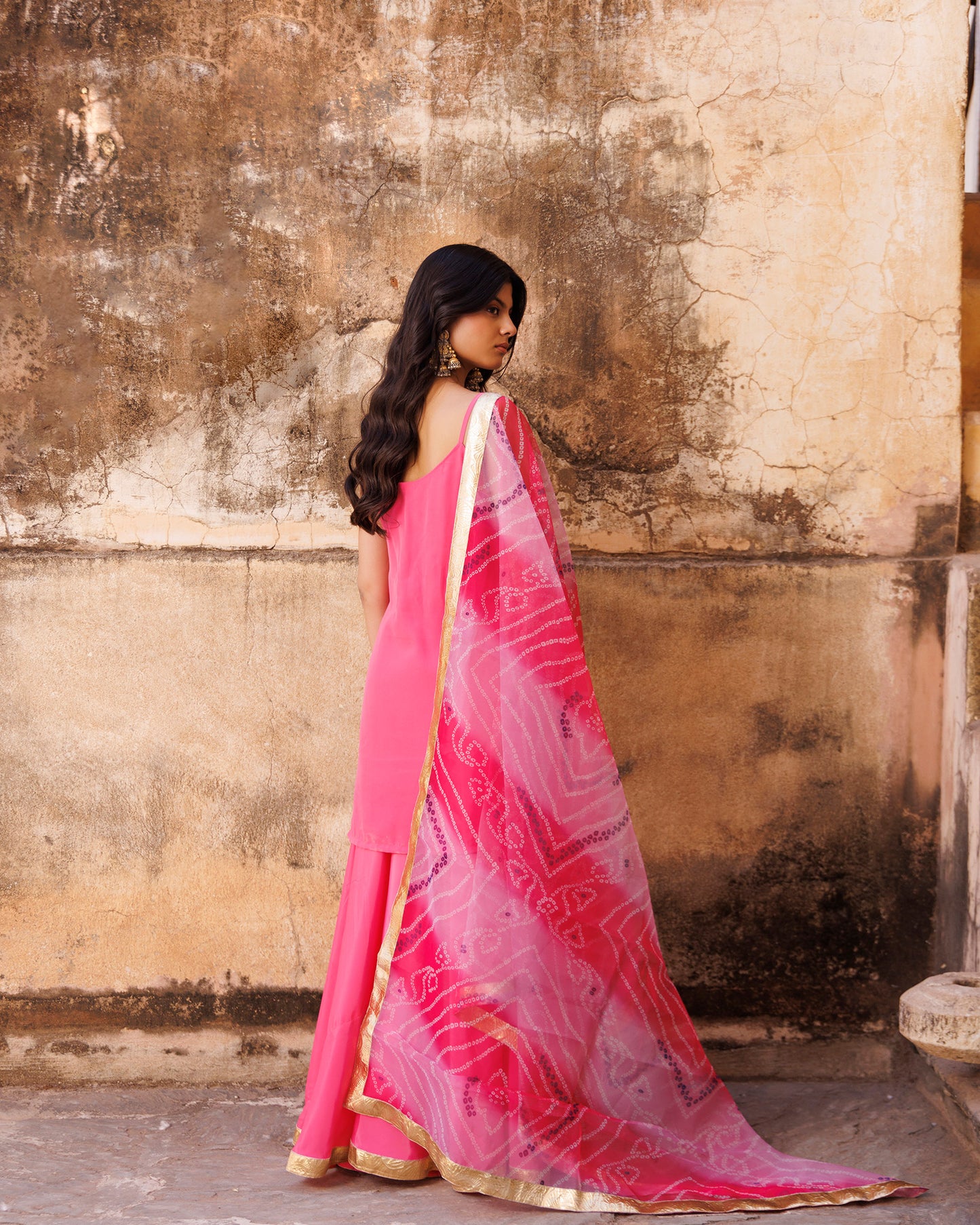 Pink Crepe Strappy Sharara & Bandhani Organza Dupatta