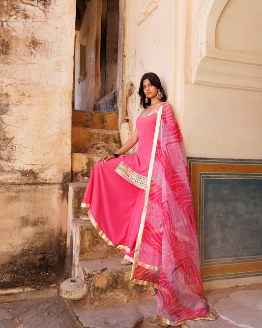 Pink Crepe Strappy Sharara & Bandhani Organza Dupatta