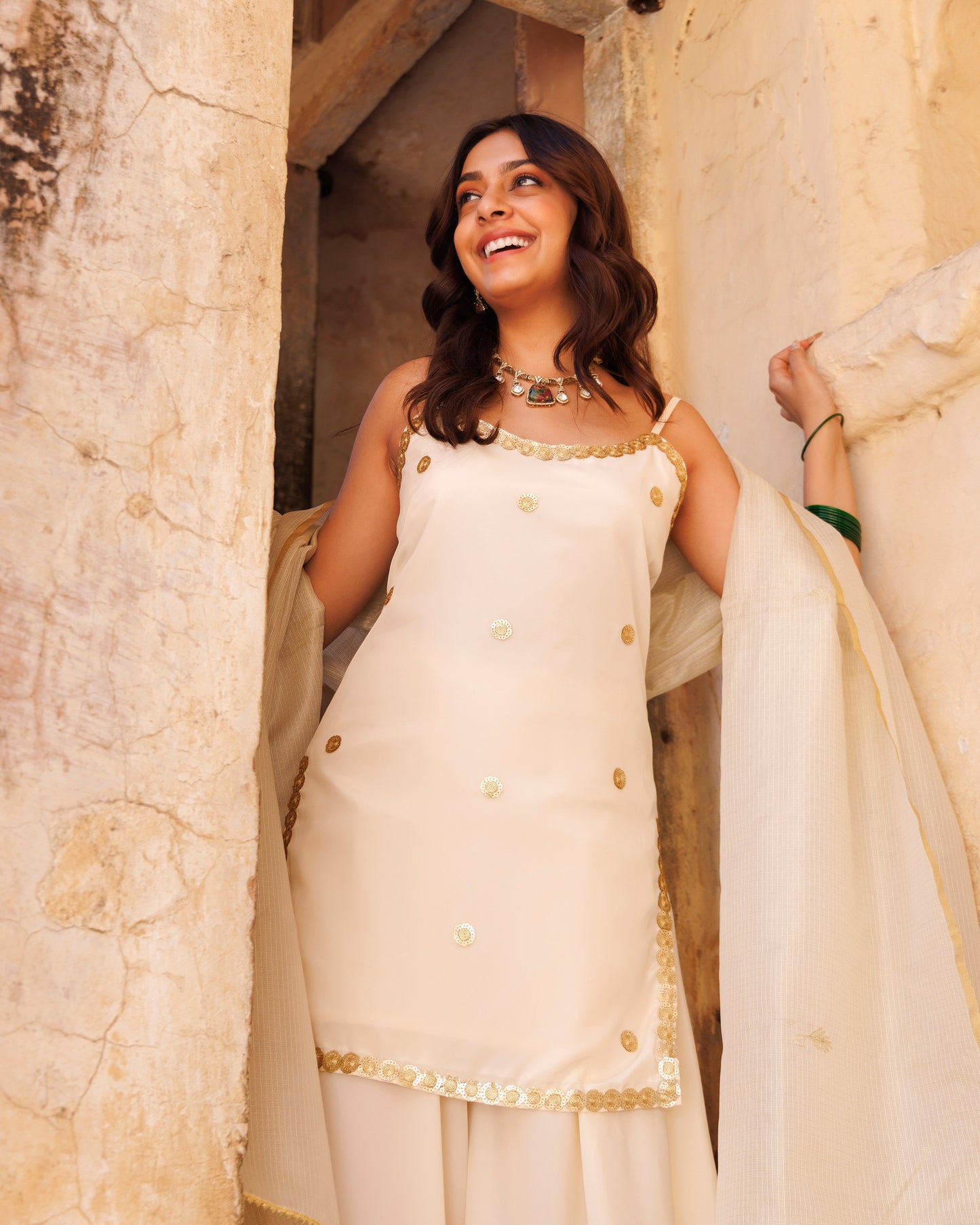 Ivory Sequin Lace Work  Sharara & Zari Embellished Dupatta