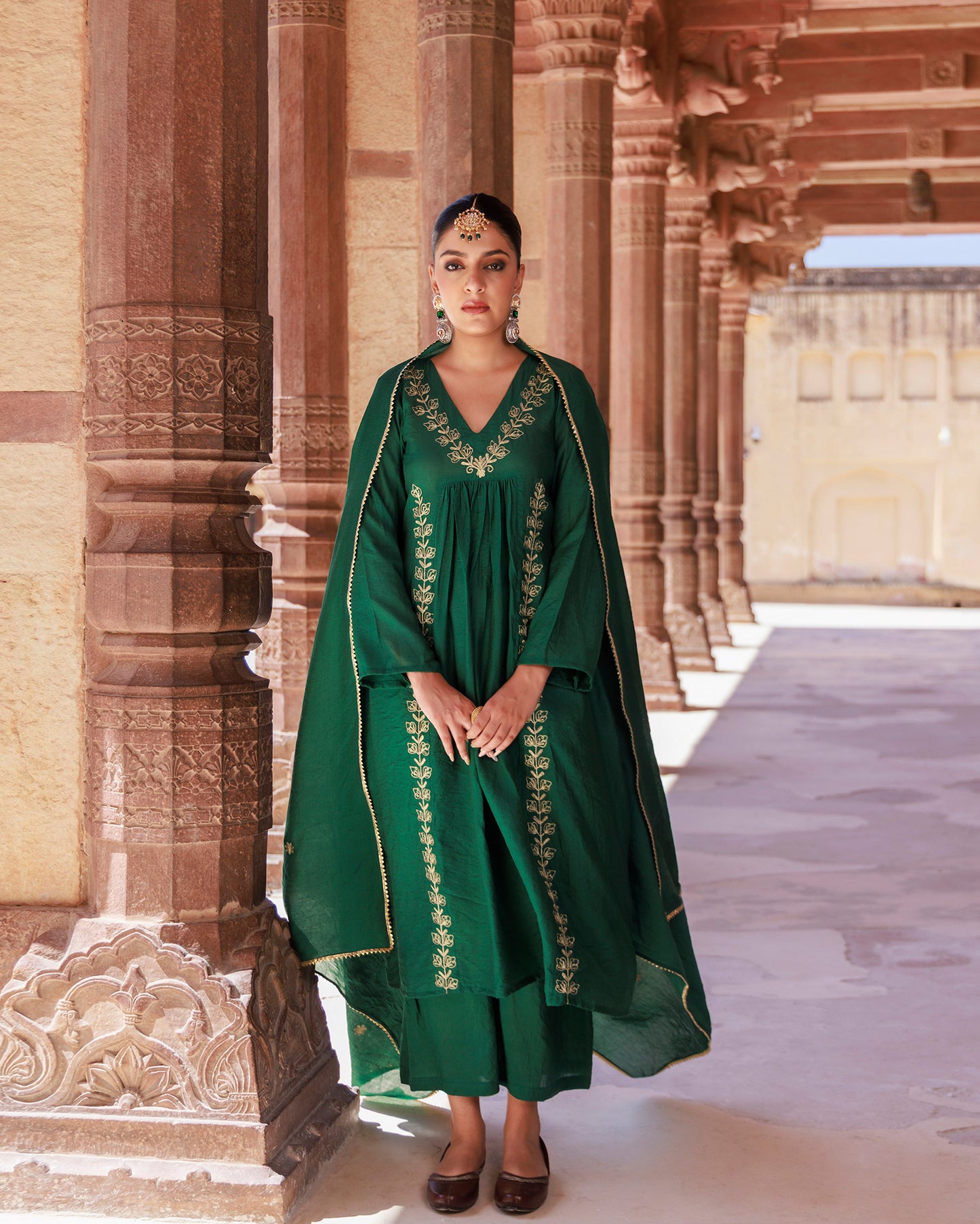 Green Aari Embroidery Chanderi Kurta & Dupatta Set