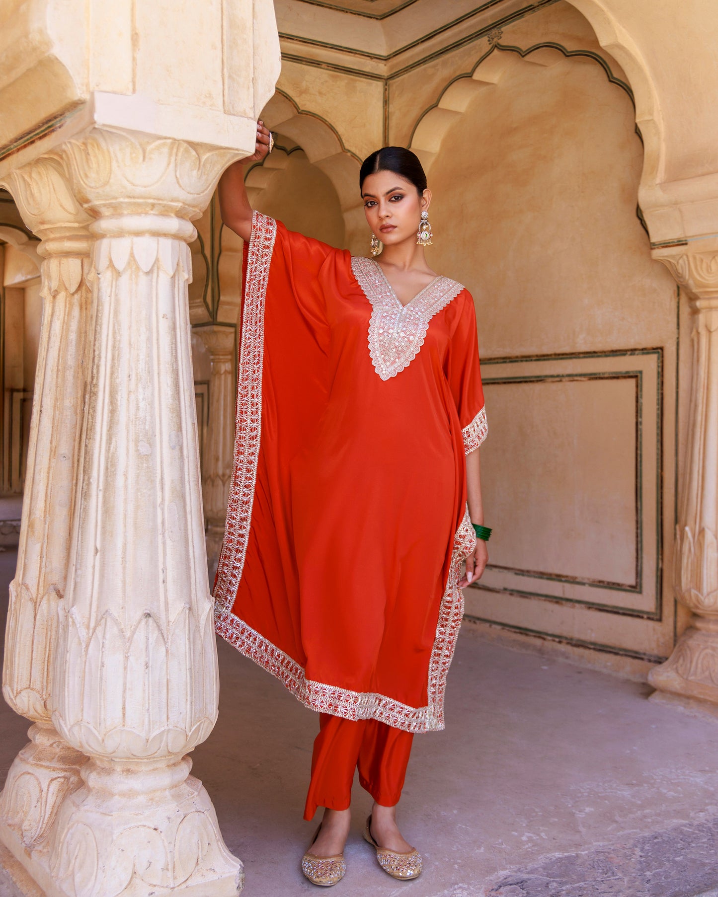 Orange Crepe Sequins Lace Work Kaftan with Palazzo