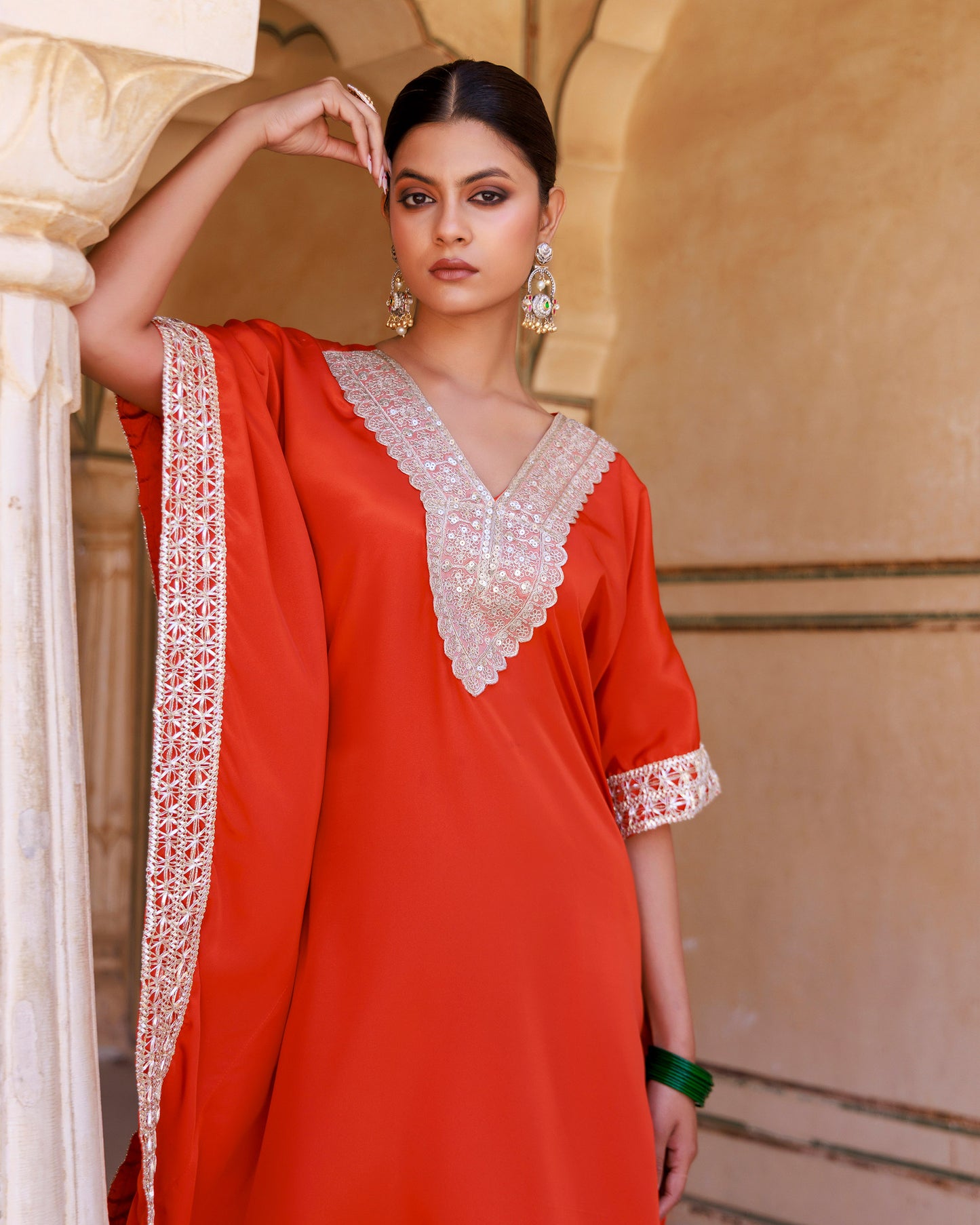 Orange Crepe Sequins Lace Work Kaftan with Palazzo