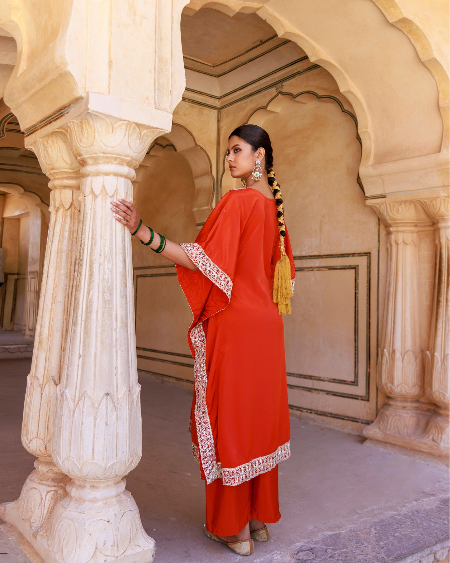 Orange Crepe Sequins Lace Work Kaftan with Palazzo