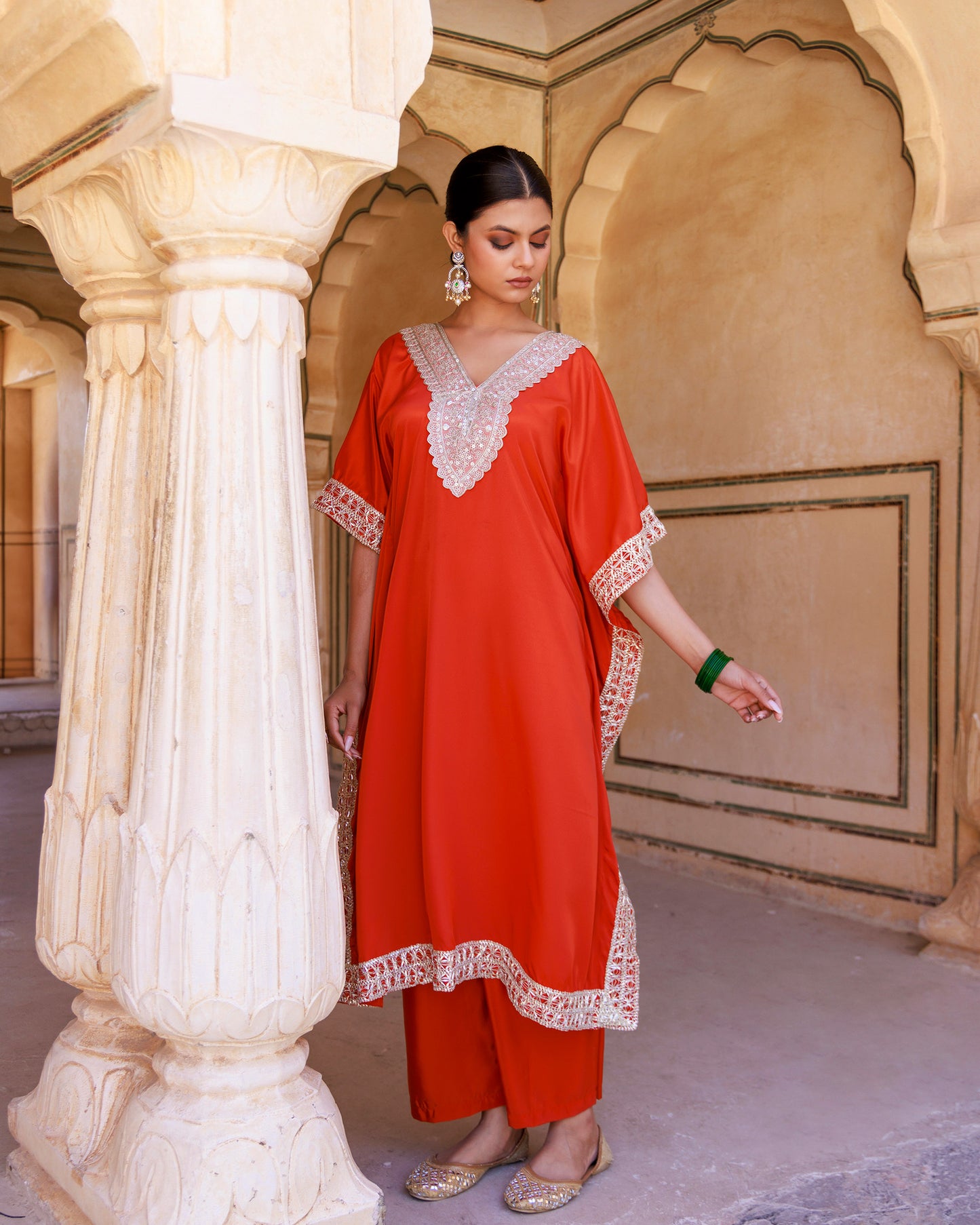 Orange Crepe Sequins Lace Work Kaftan with Palazzo