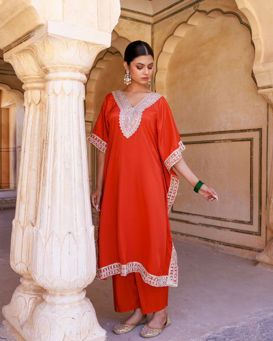 Orange Crepe Sequins Lace Work Kaftan with Palazzo