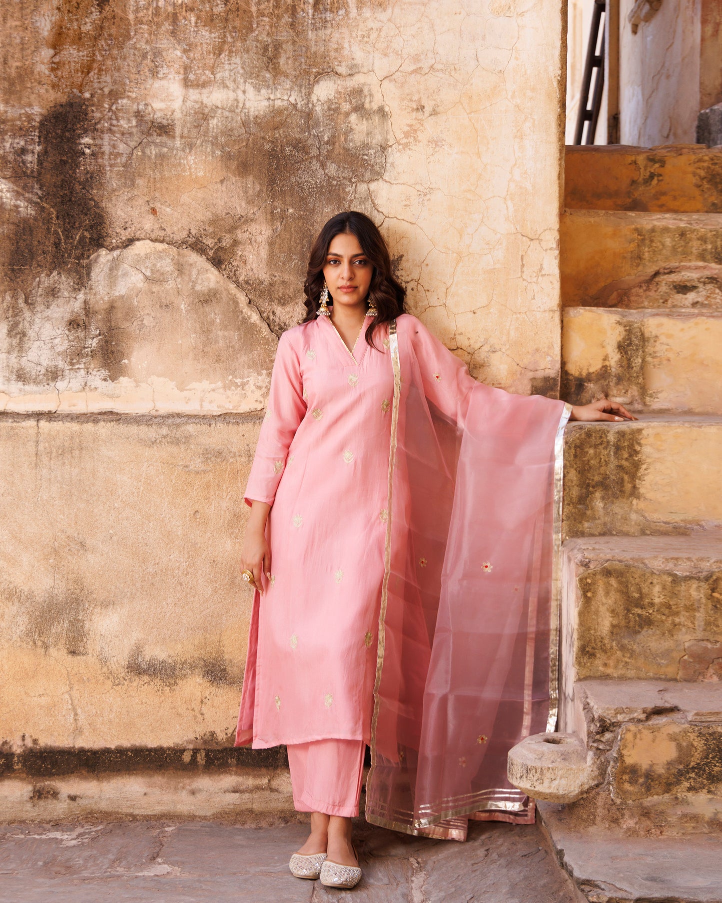 Pink Aari Embroidery Uppada Silk Kurta & Organza Dupatta Set