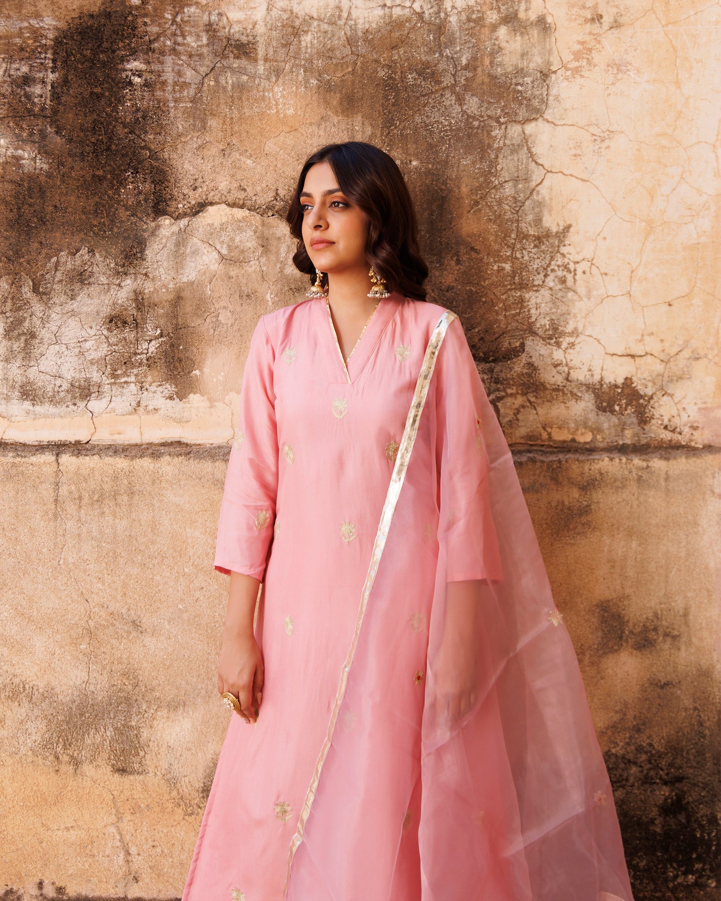 Pink Aari Embroidery Uppada Silk Kurta & Organza Dupatta Set